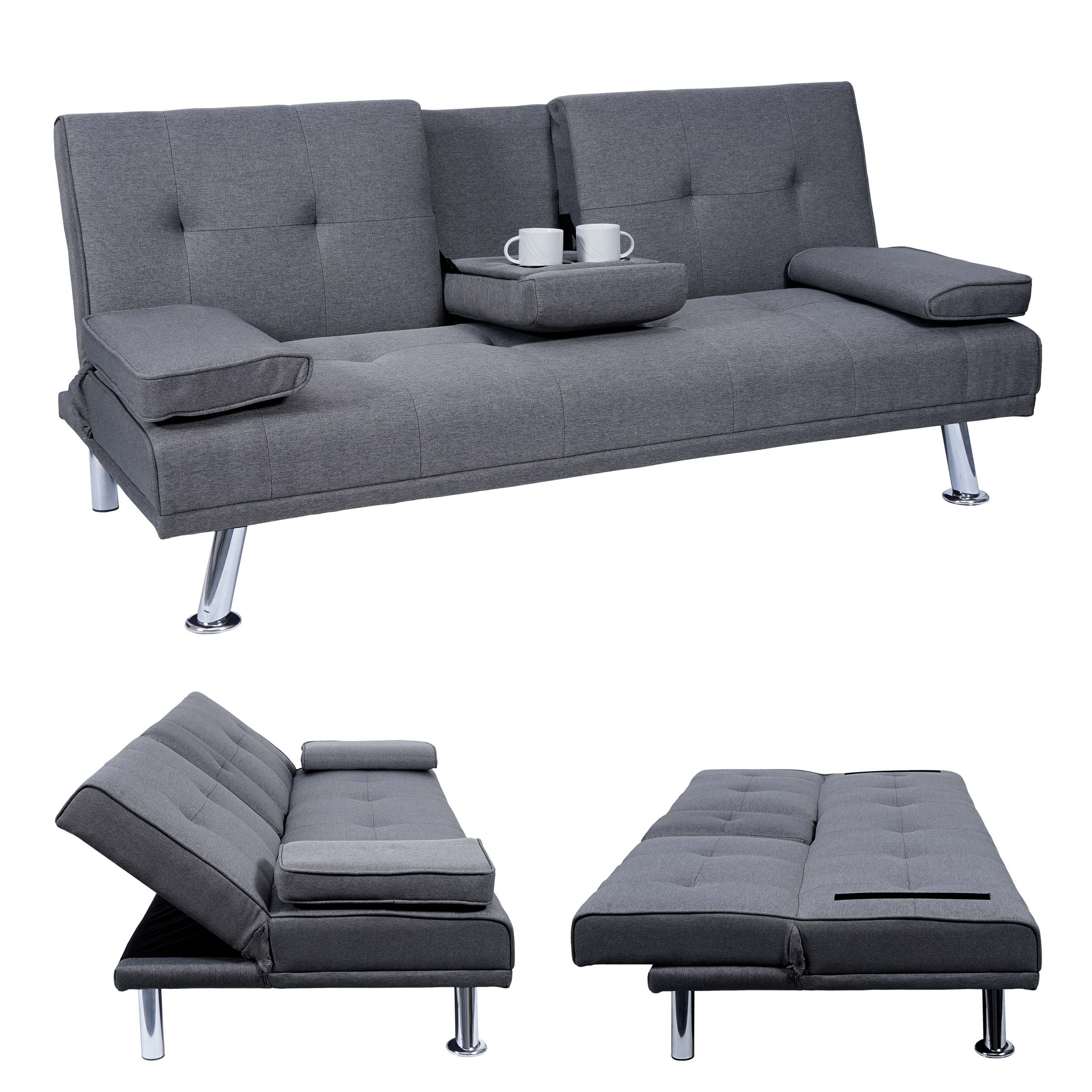 3er-Sofa MCW-F60, Couch Schlafsofa G&auml;stebett, Tassenhalter verstellbar 97x166cm ~ Textil, dunkelgrau - Bild 1