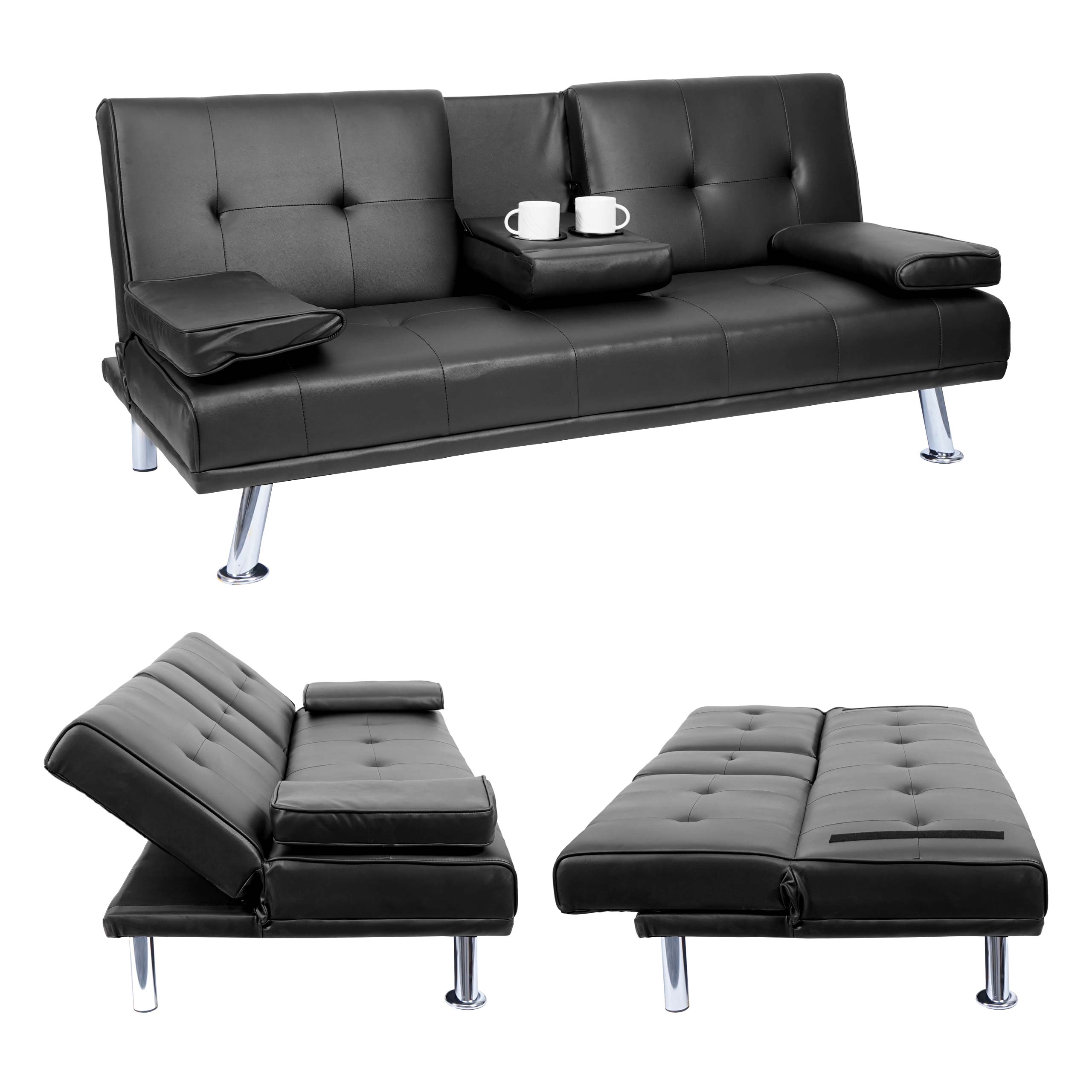 3er-Sofa MCW-F60, Couch Schlafsofa G&auml;stebett, Tassenhalter verstellbar 97x166cm ~ Kunstleder, schwarz - Bild 1