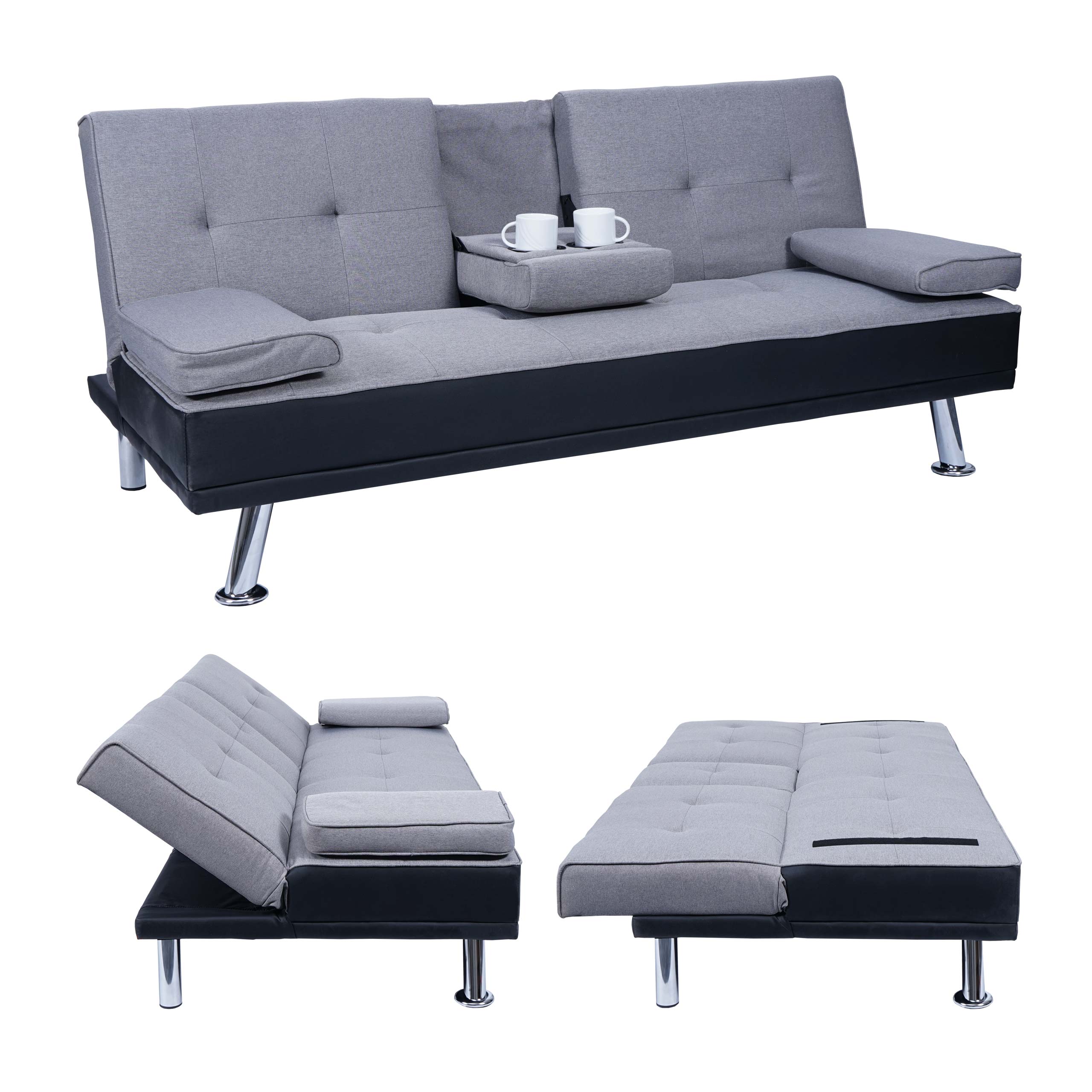 3er-Sofa MCW-F60, Couch Schlafsofa G&auml;stebett, Tassenhalter verstellbar 97x166cm ~ Kunstleder/Textil, schwarz/hellgrau - Bild 1