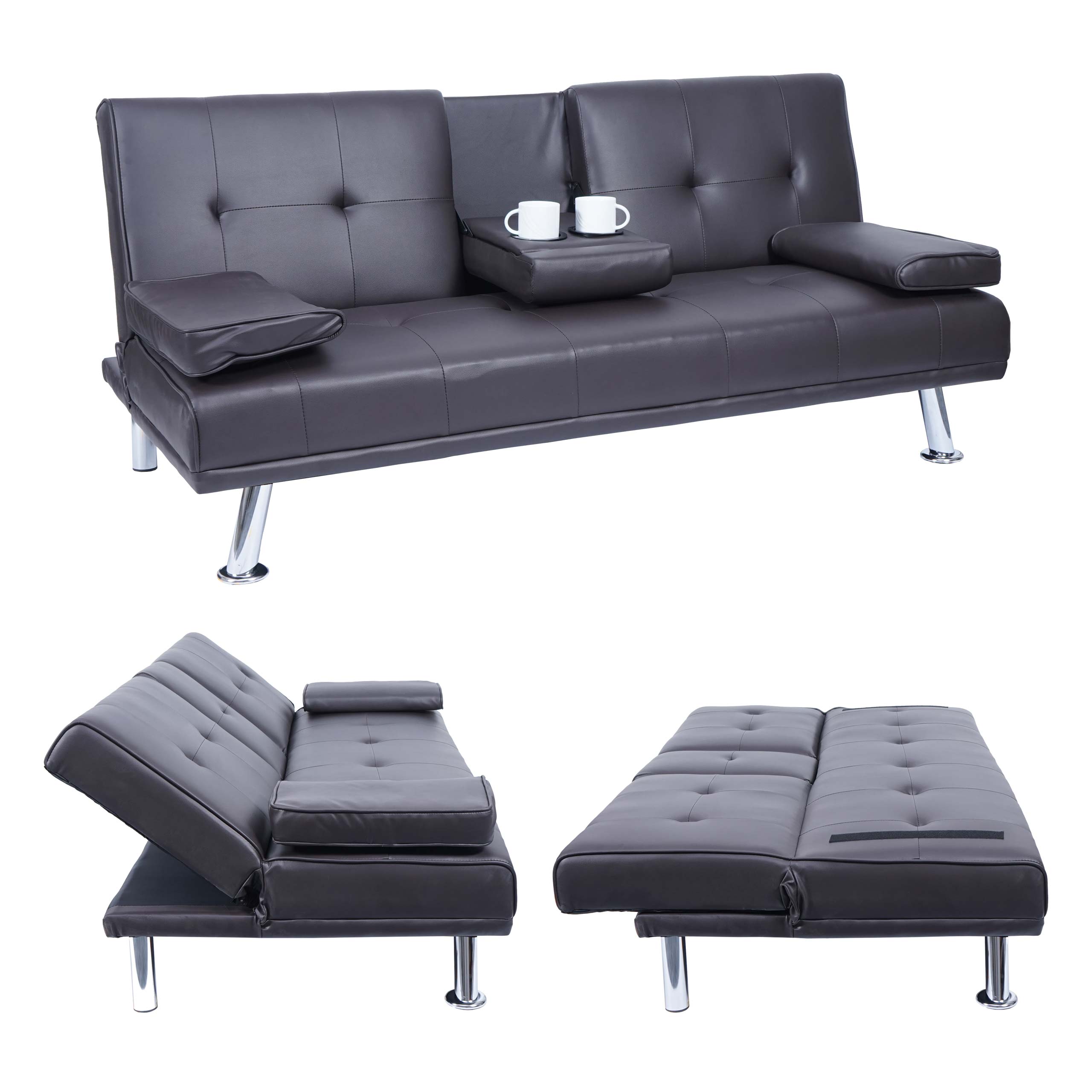 3er-Sofa MCW-F60, Couch Schlafsofa G&auml;stebett, Tassenhalter verstellbar 97x166cm ~ Kunstleder, braun - Bild 1