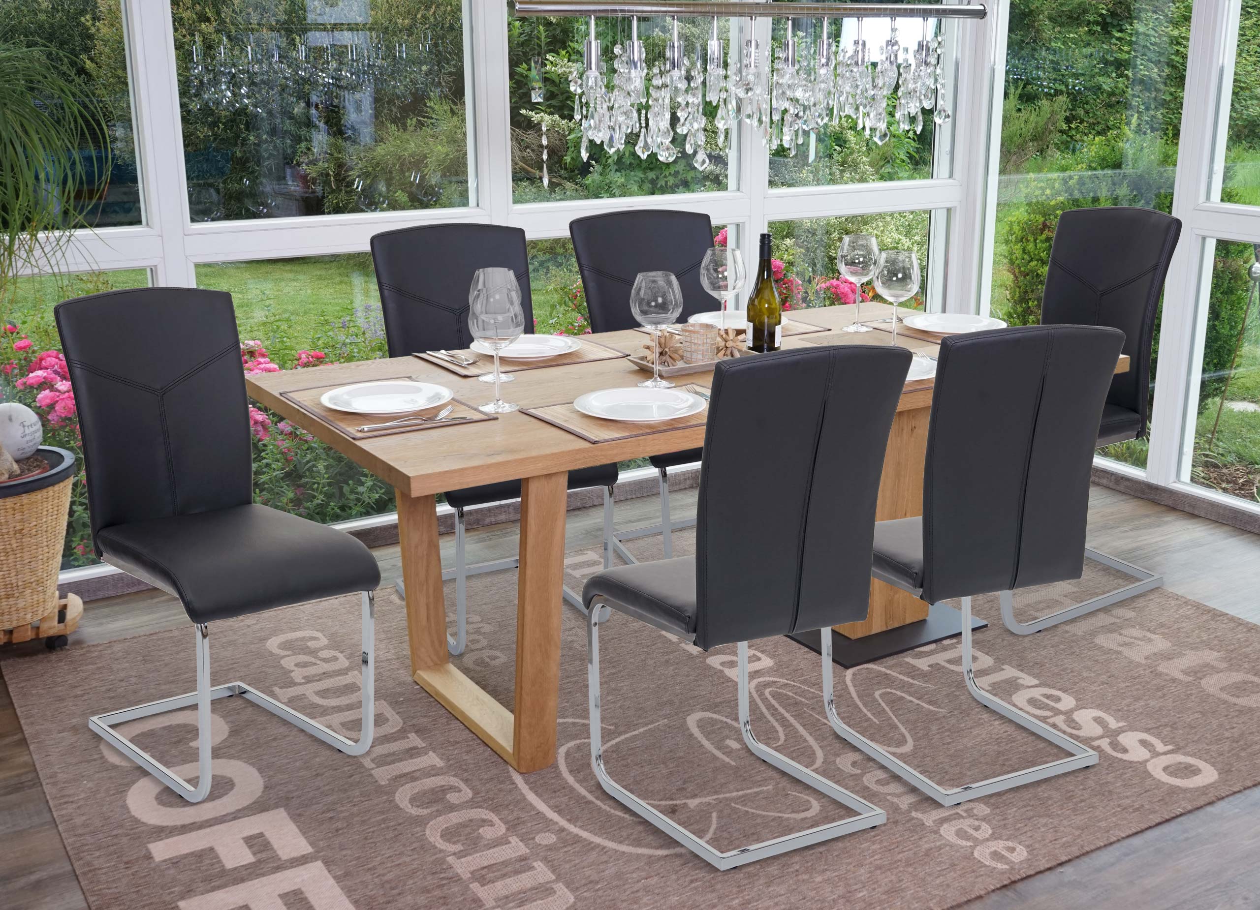 6er-Set Esszimmerstuhl MCW-F36, Freischwinger K&uuml;chenstuhl Konferenzstuhl ~ Kunstleder, schwarz - Bild 1