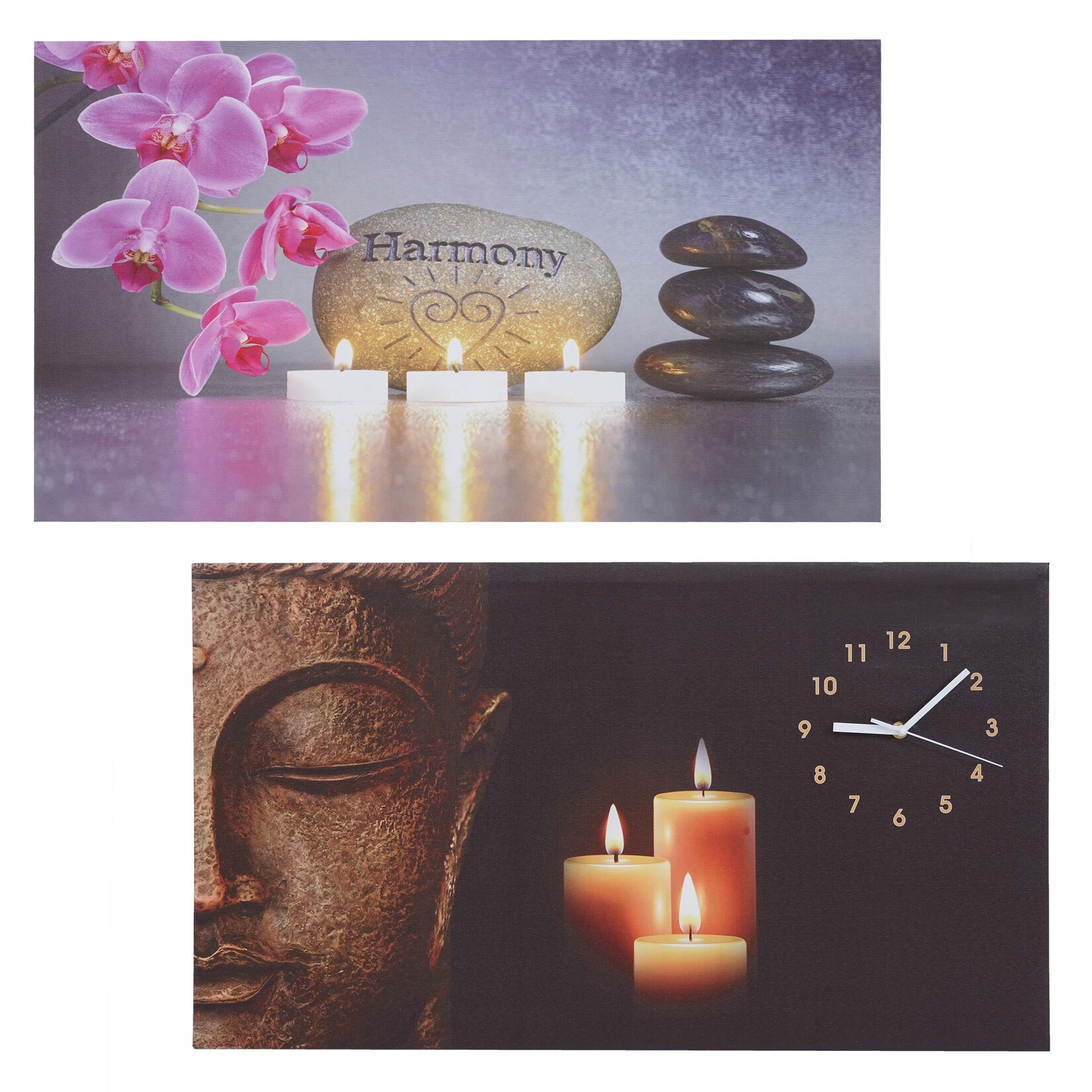 2er-Set LED-Bild, Leuchtbild Leinwandbild Wandbild, Timer Buddha/Harmony Wanduhr 70x40cm | 04057651316703