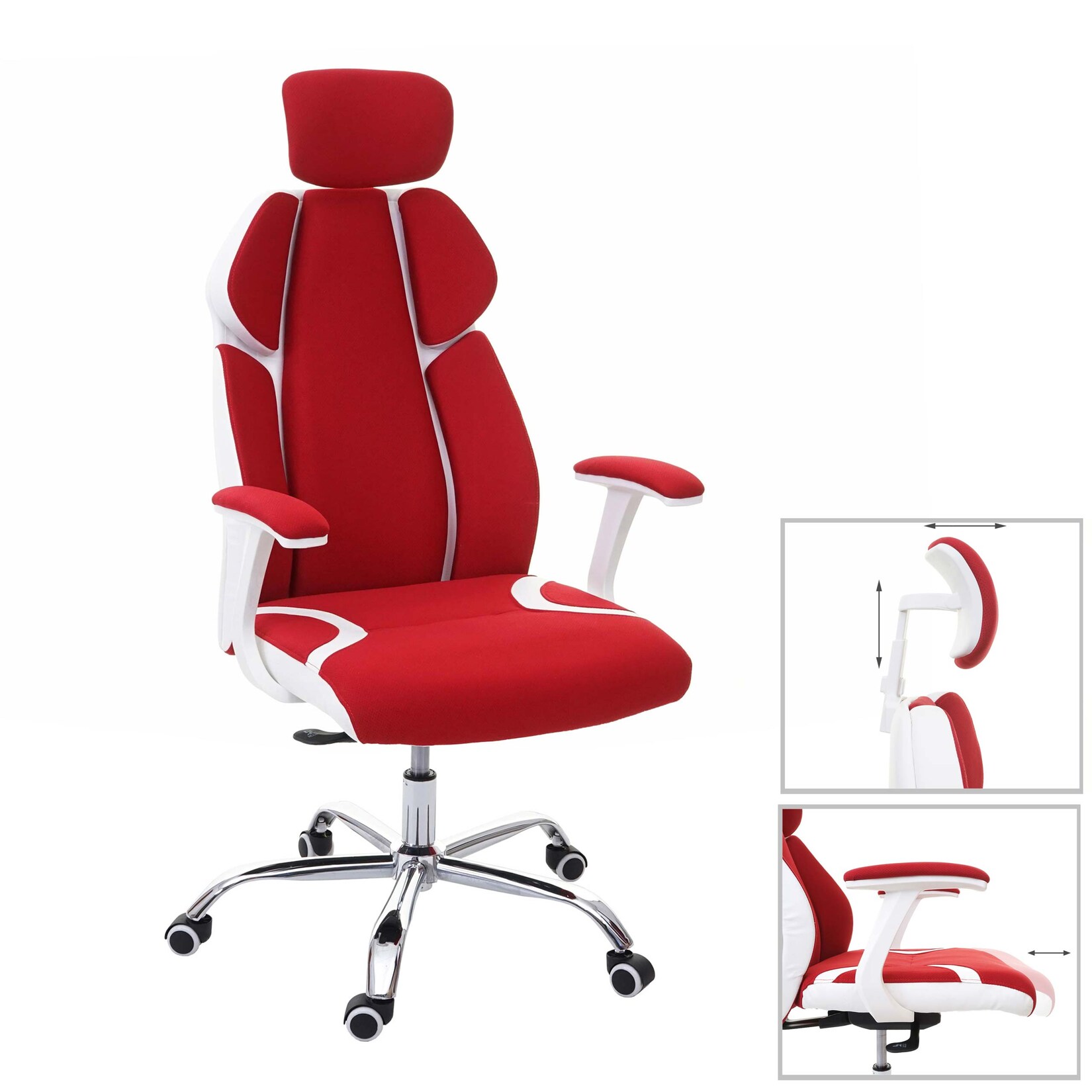 Bürostuhl MCW-F12, Schreibtischstuhl Drehstuhl Chefsessel, Sliding-Funktion Stoff/Textil + Kunstleder ~ rot/weiß | 04057651311524