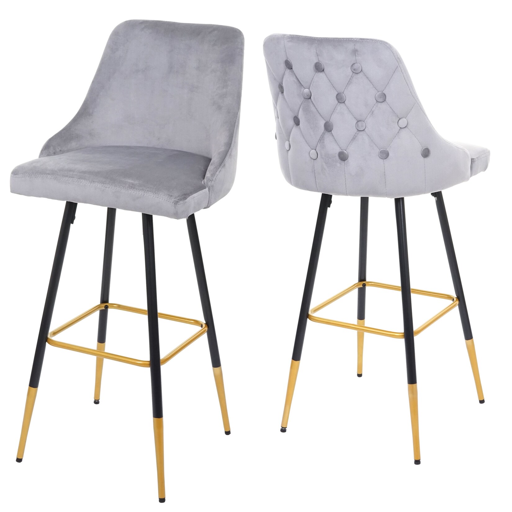2er-Set Barhocker MCW-E70, Barstuhl Tresenhocker, Retro Design Samt goldene Streben/Füße ~ grau