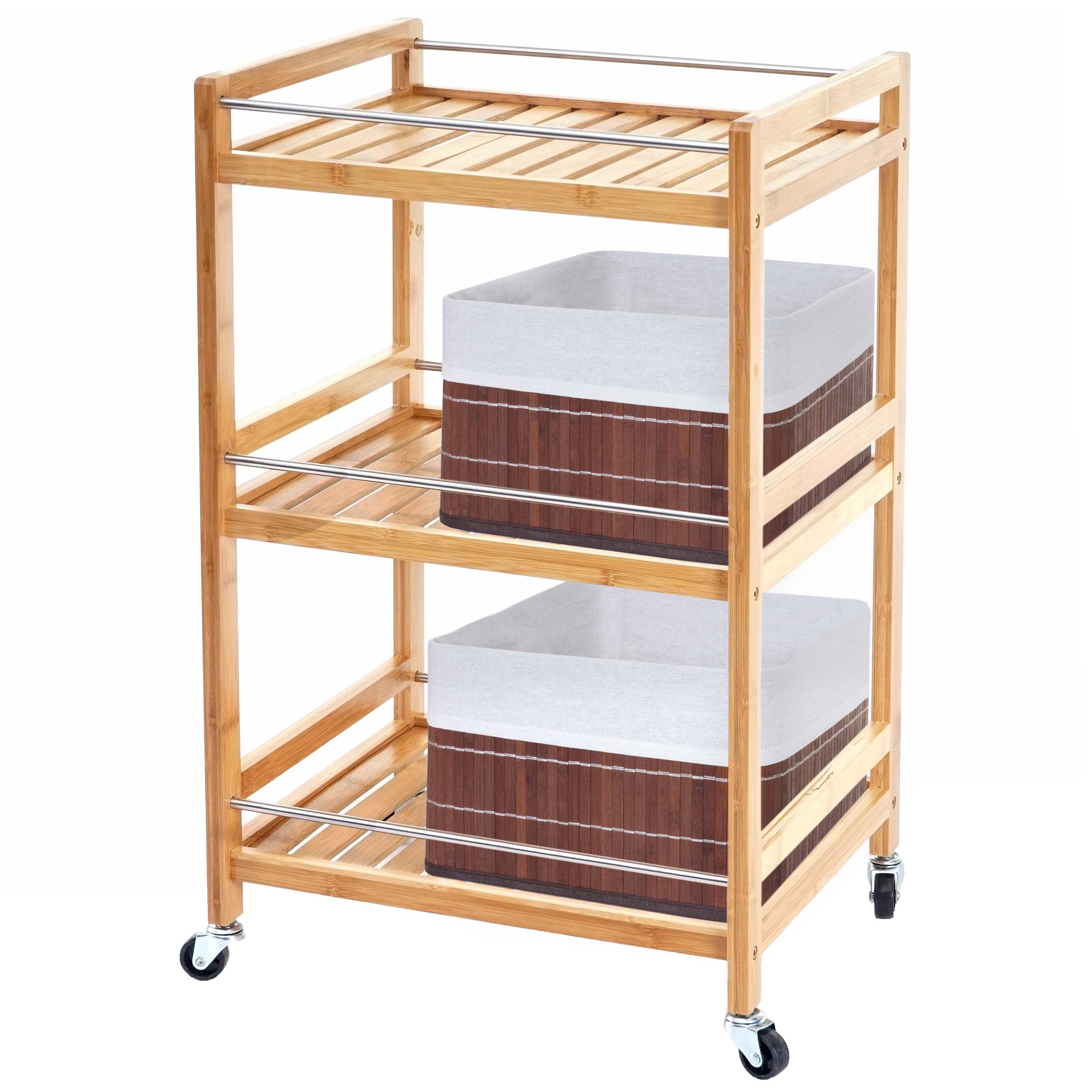 Rollwagen MCW-D91, Rollregal Allzweckwagen, 3 Ebenen mit 2x Aufbewahrungskorb MCW-C21 Bambus braun - Bild 1