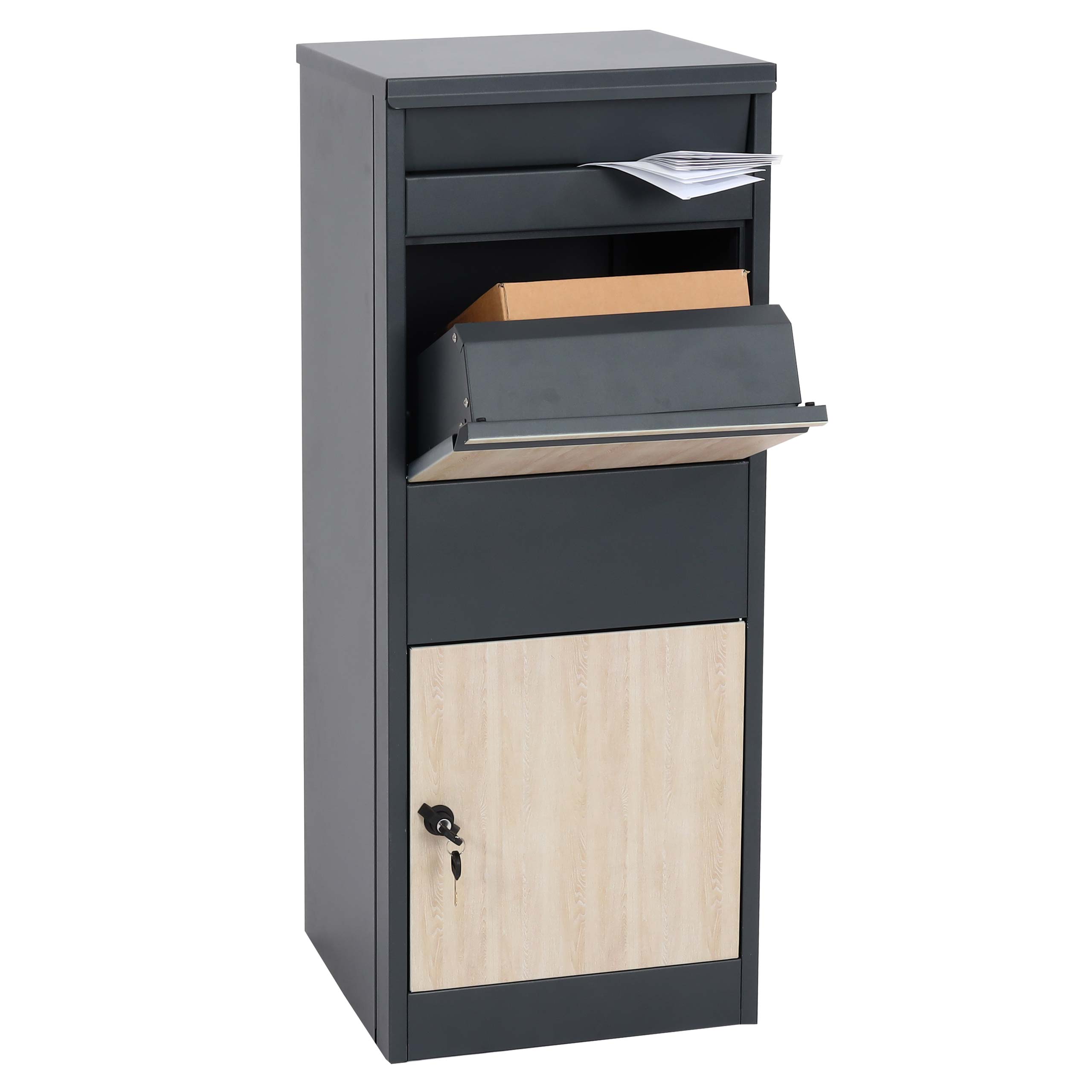 Paketkasten MCW-G80, Paketbox Standbriefkasten Briefkasten Gr&ouml;&szlig;e L ~ verzinkt anthrazit, Holzoptik hell - Bild 1