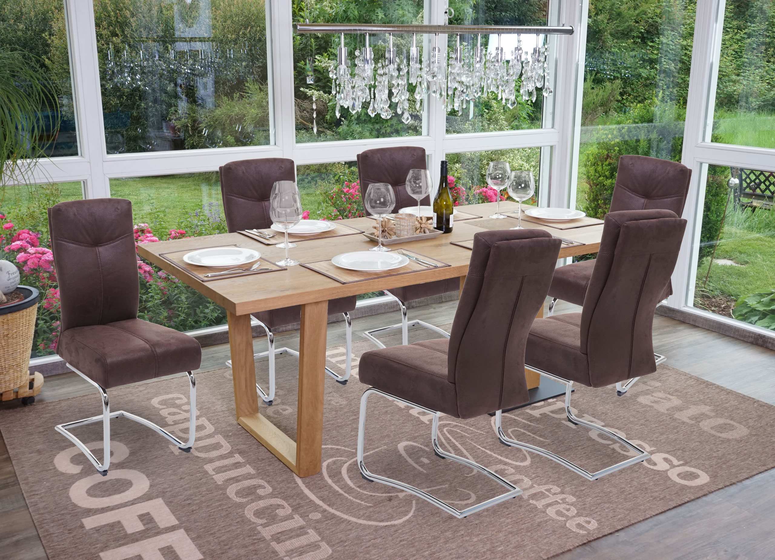 6er-Set Esszimmerstuhl MCW-G56, K&uuml;chenstuhl Freischwinger Stuhl, Textil Wildleder-Optik ~ braun - Bild 1