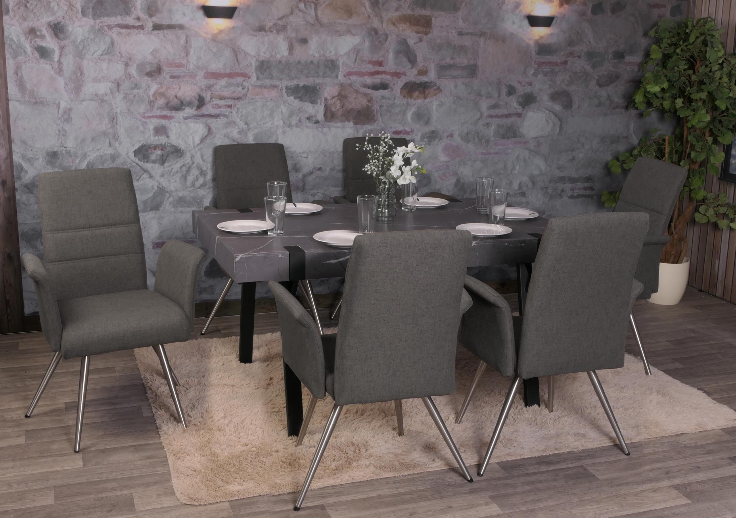 6er-Set Esszimmerstuhl MCW-G55, K&uuml;chenstuhl Stuhl mit Armlehne, Stoff/Textil Edelstahl geb&uuml;rstet ~ grau-braun - Bild 1