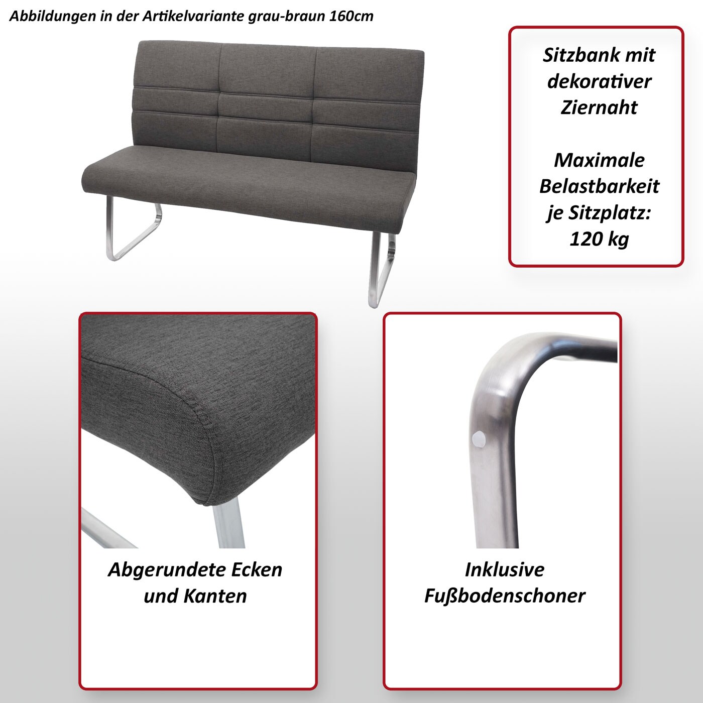 Set 2x Esszimmerstuhl+Sitzbank MCW-G55, Bank Küchenstuhl Stuhl+Armlehne, Stoff/Textil Edelstahl ~ grau-braun Bank 160cm