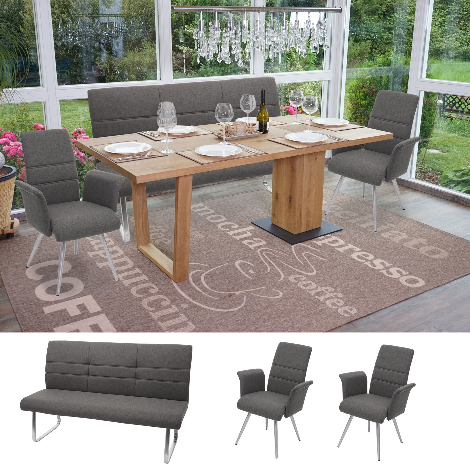 Set 2x Esszimmerstuhl+Sitzbank MCW-G55, Bank Küchenstuhl Stuhl+Armlehne, Stoff/Textil Edelstahl ~ grau-braun Bank 180cm