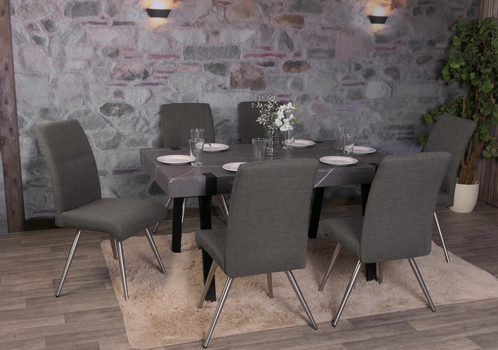 6er-Set Esszimmerstuhl MCW-G55, Küchenstuhl Stuhl, Stoff/Textil Edelstahl gebürstet ~ grau-braun
