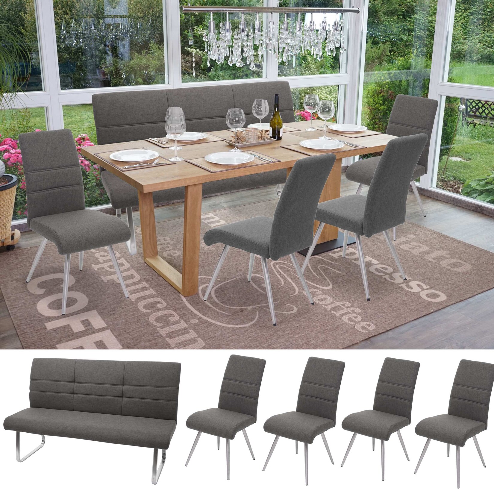 Set 4x Esszimmerstuhl+Sitzbank MCW-G55, Bank Küchenstuhl Stuhl, Stoff/Textil Edelstahl ~ grau-braun Bank 160cm