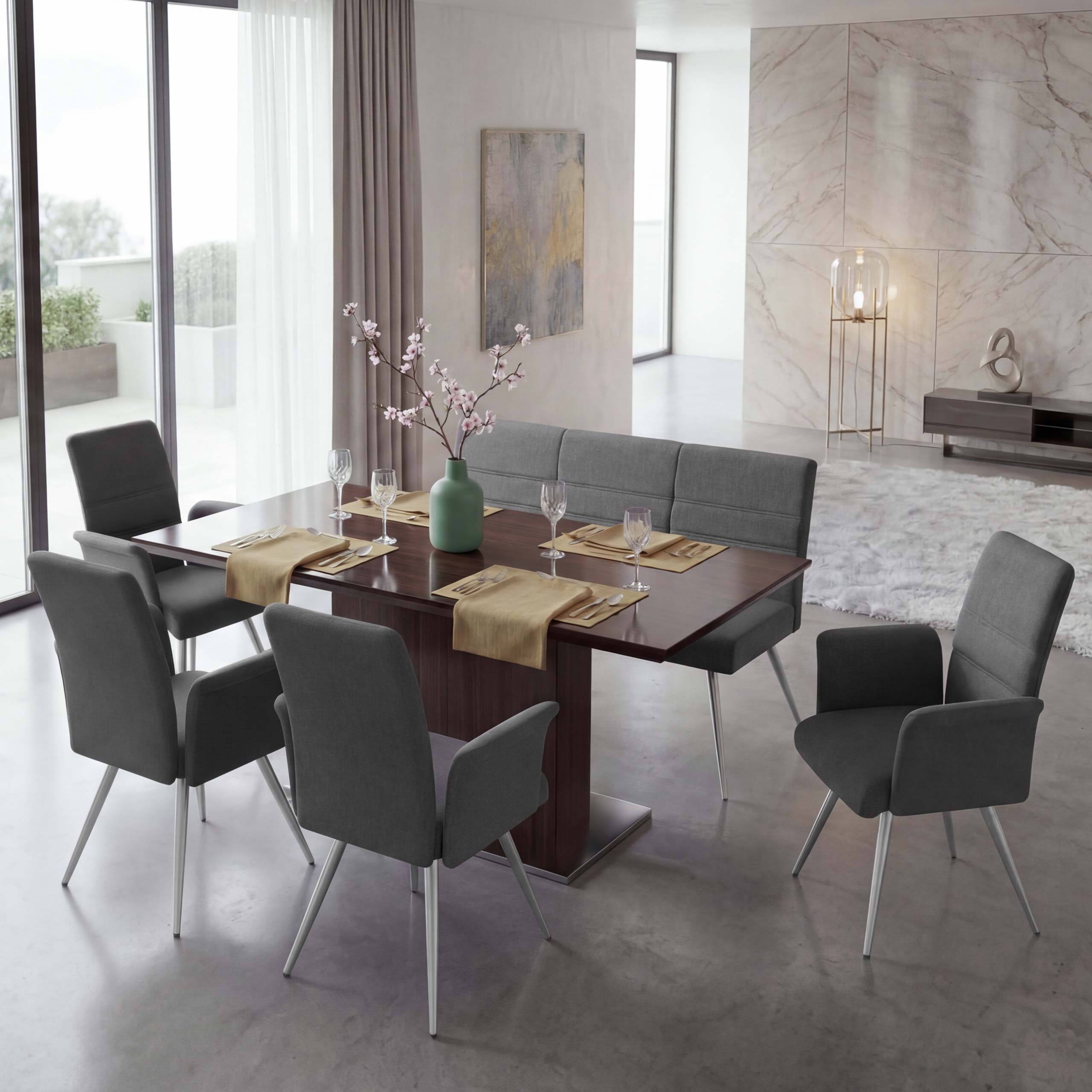 Set 4x Esszimmerstuhl+Sitzbank MCW-G55, Bank K&uuml;chenstuhl Stuhl+Armlehne, Stoff/Textil Edelstahl ~ grau-braun Bank 180cm - Bild 1