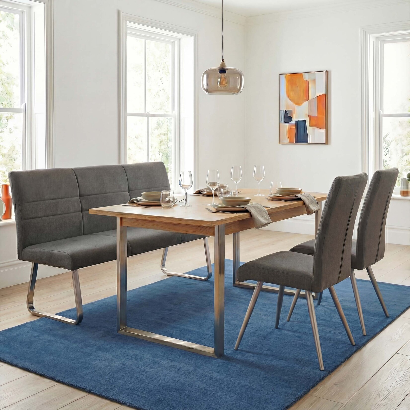 Set 2x Esszimmerstuhl+Sitzbank MCW-G55, Bank Küchenstuhl Stuhl, Stoff/Textil Edelstahl ~ grau-braun Bank 160cm