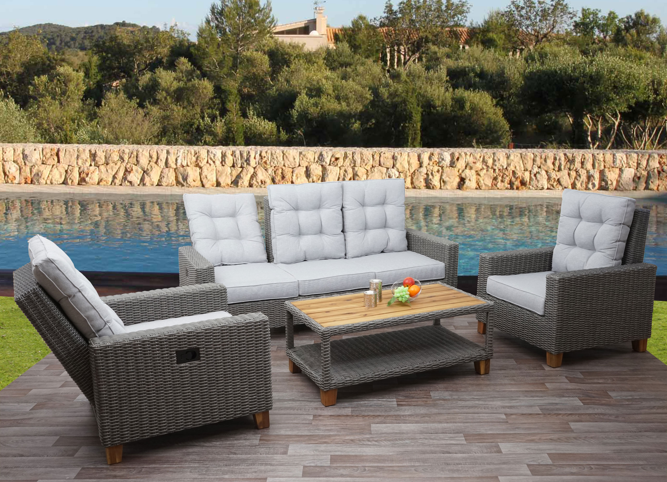 Gartengarnitur MCW-G28, Sitzgruppe Lounge-Set, Akazie Holz halbrundes Rattan verstellbar MVG ~ grau, Kissen hellgrau - Bild 1