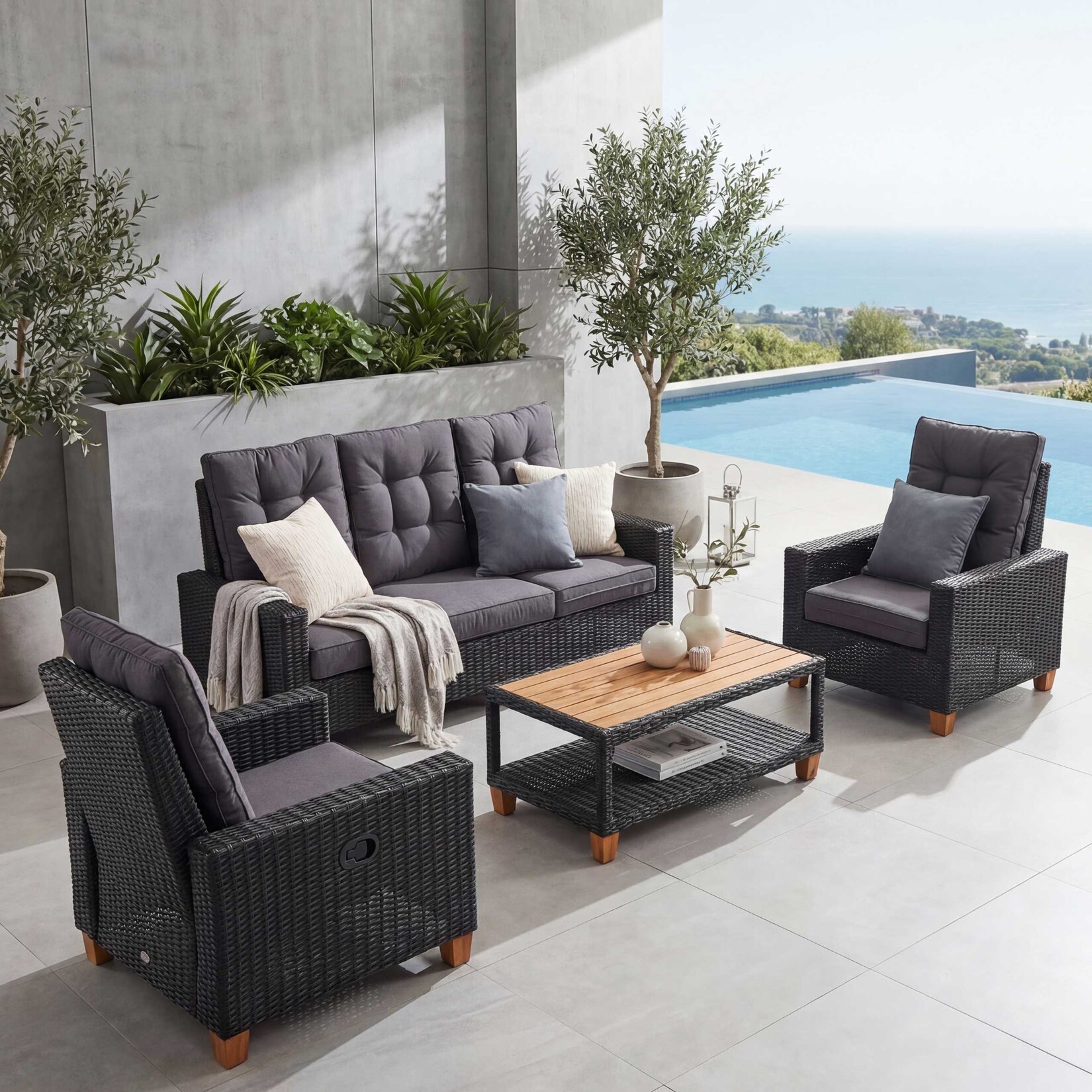 Gartengarnitur MCW-G28, Sitzgruppe Lounge-Set, Akazie Holz halbrundes Rattan verstellbar MVG ~ anthrazit, Kissen grau