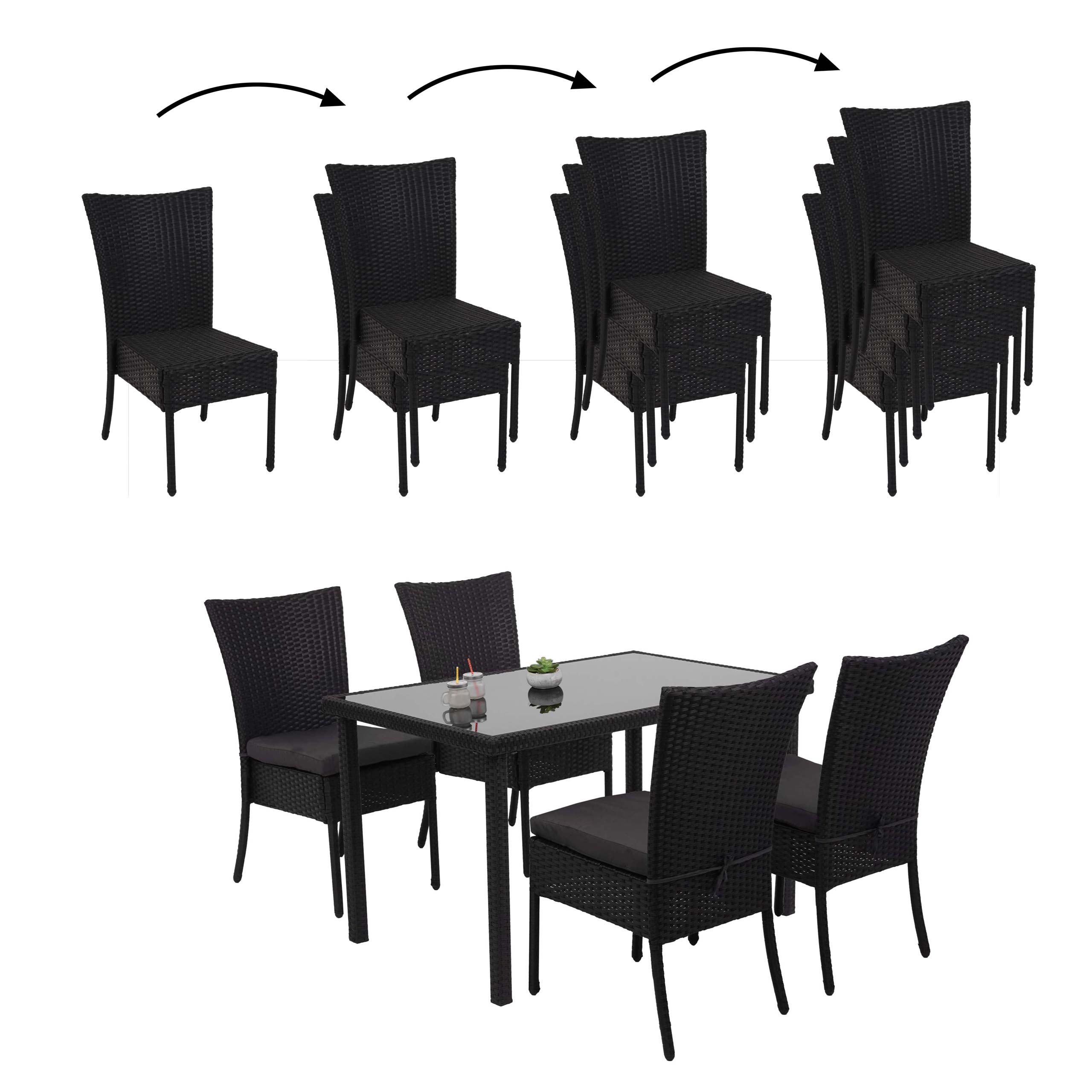 Poly-Rattan Garnitur MCW-G19, Sitzgruppe Balkon-/Lounge-Set, 4xStuhl+Tisch, 120x75cm ~ schwarz, Kissen dunkelgrau - Bild 1