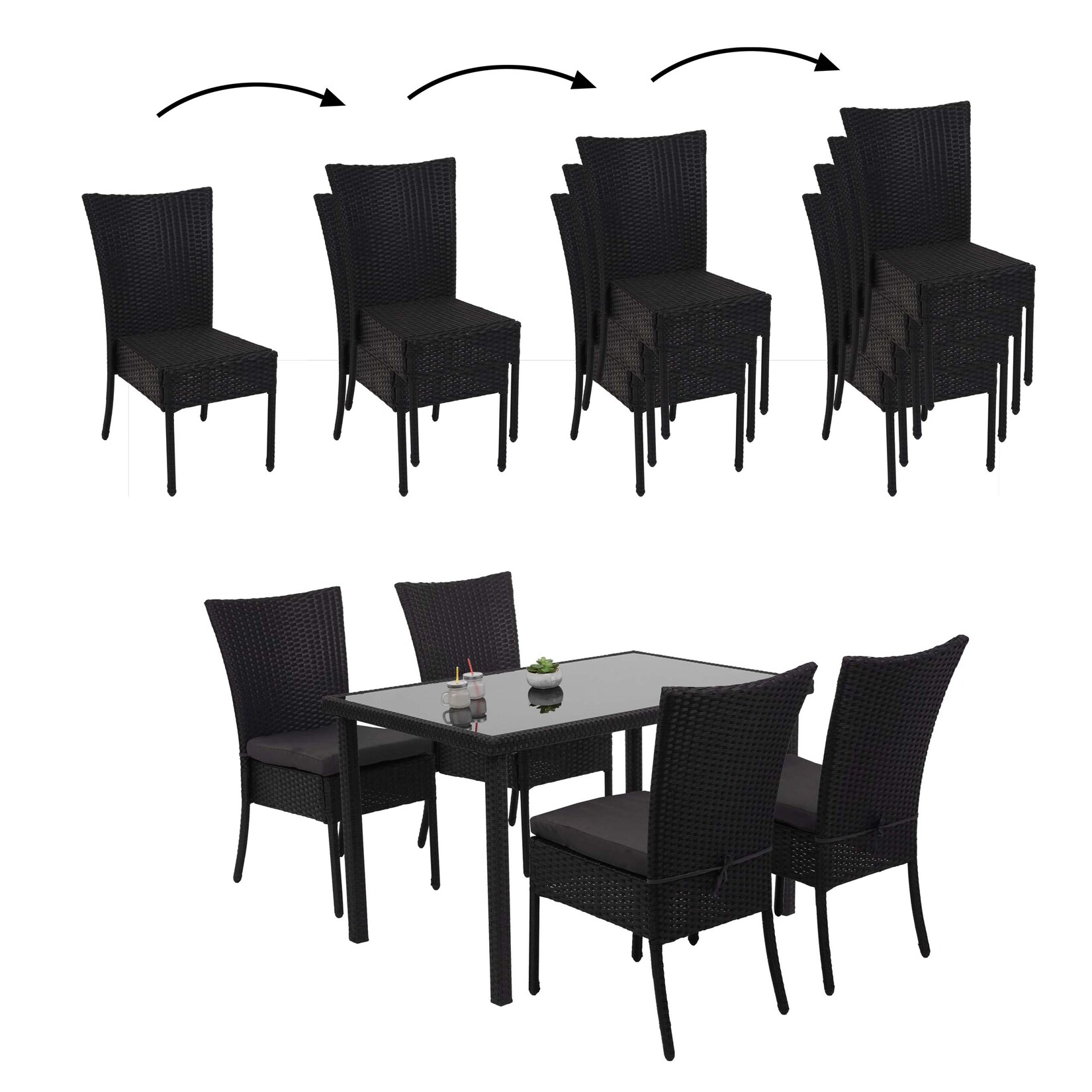 Poly-Rattan Garnitur MCW-G19, Sitzgruppe Balkon-/Lounge-Set, 4xStuhl+Tisch, 120x75cm ~ schwarz, Kissen dunkelgrau | 04057651388991