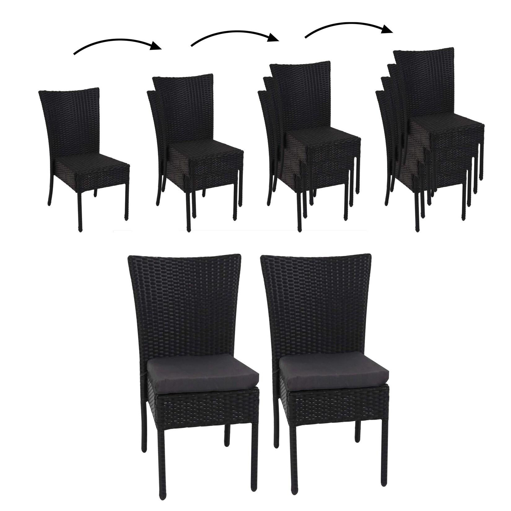2er-Set Poly-Rattan Stuhl MCW-G19, Balkonstuhl Gartenstuhl, stapelbar ~ schwarz, Kissen dunkelgrau | 04057651389035