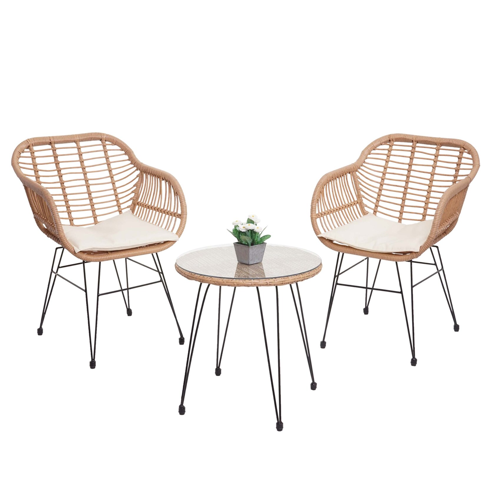 Poly-Rattan Garnitur MCW-G17, Balkon-Set Gartengarnitur Sitzgruppe Stuhl, Seil ~ naturfarben, Kissen creme | 04057651545509