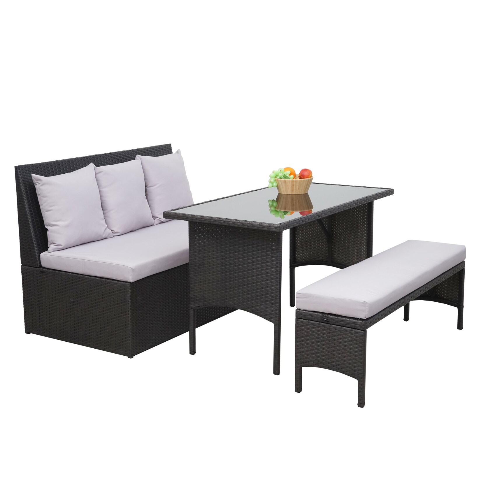 Poly-Rattan Garnitur -G16, Garten-/Lounge-Set Sitzgruppe, Gastronomie 2er Sofa Tisch Bank ~ schwarz, Kissen hellgrau