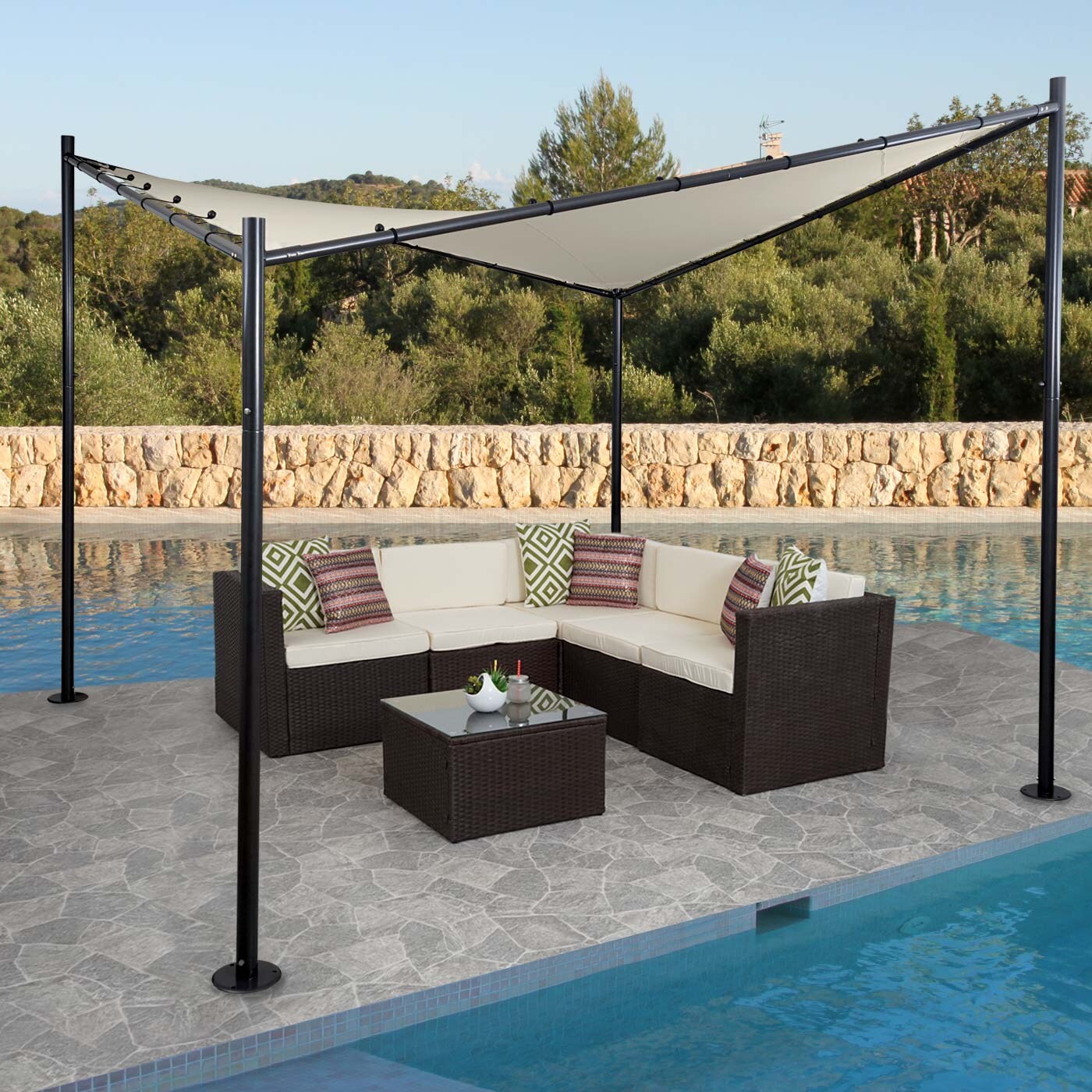 Pergola -F85, Garten Pavillon Sonnensegel, stabiles Stahl-Gestell ~ 3x3m creme