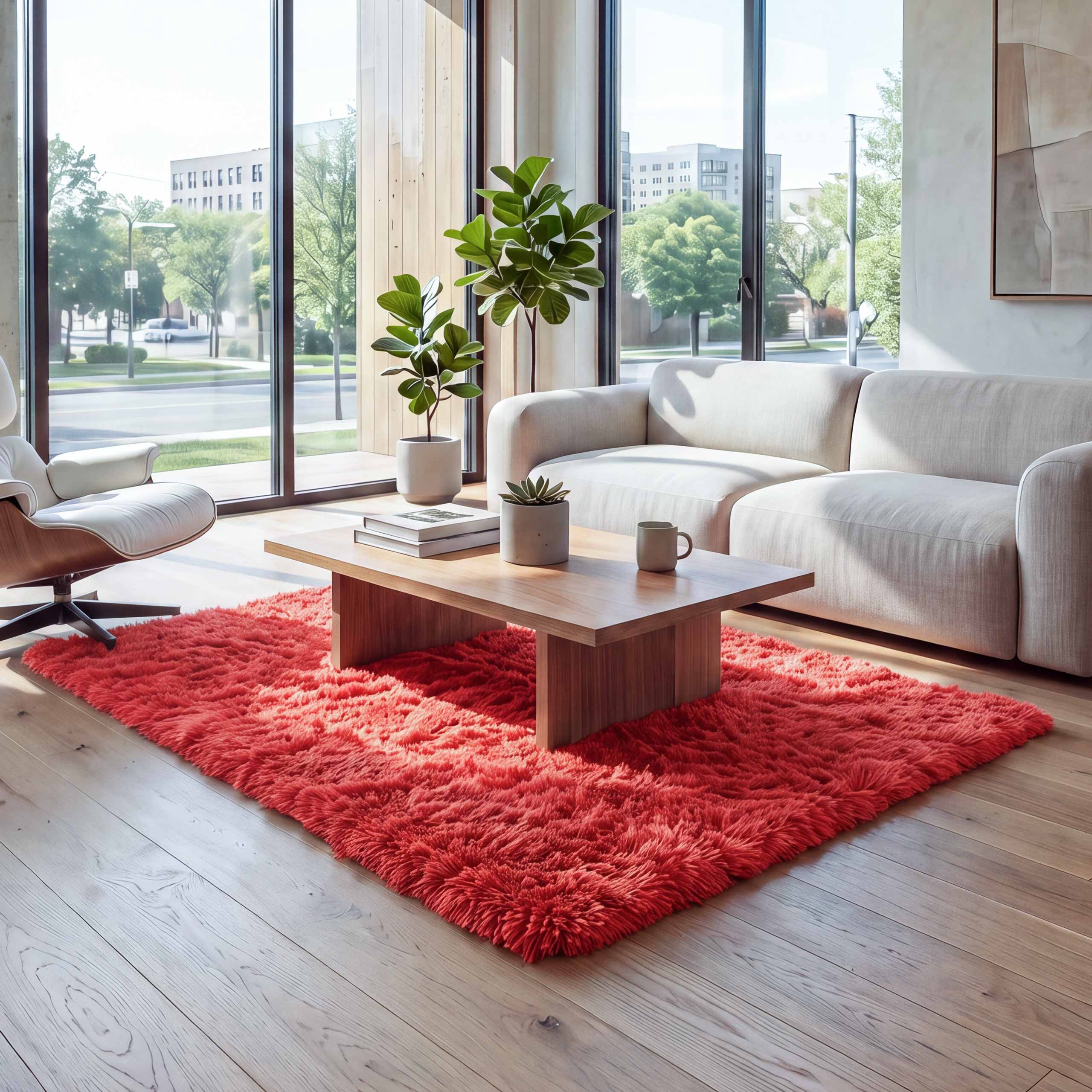 Teppich MCW-F69, Shaggy L&auml;ufer Hochflor Langflor, Stoff/Textil flauschig weich 200x140cm ~ rot - Bild 1