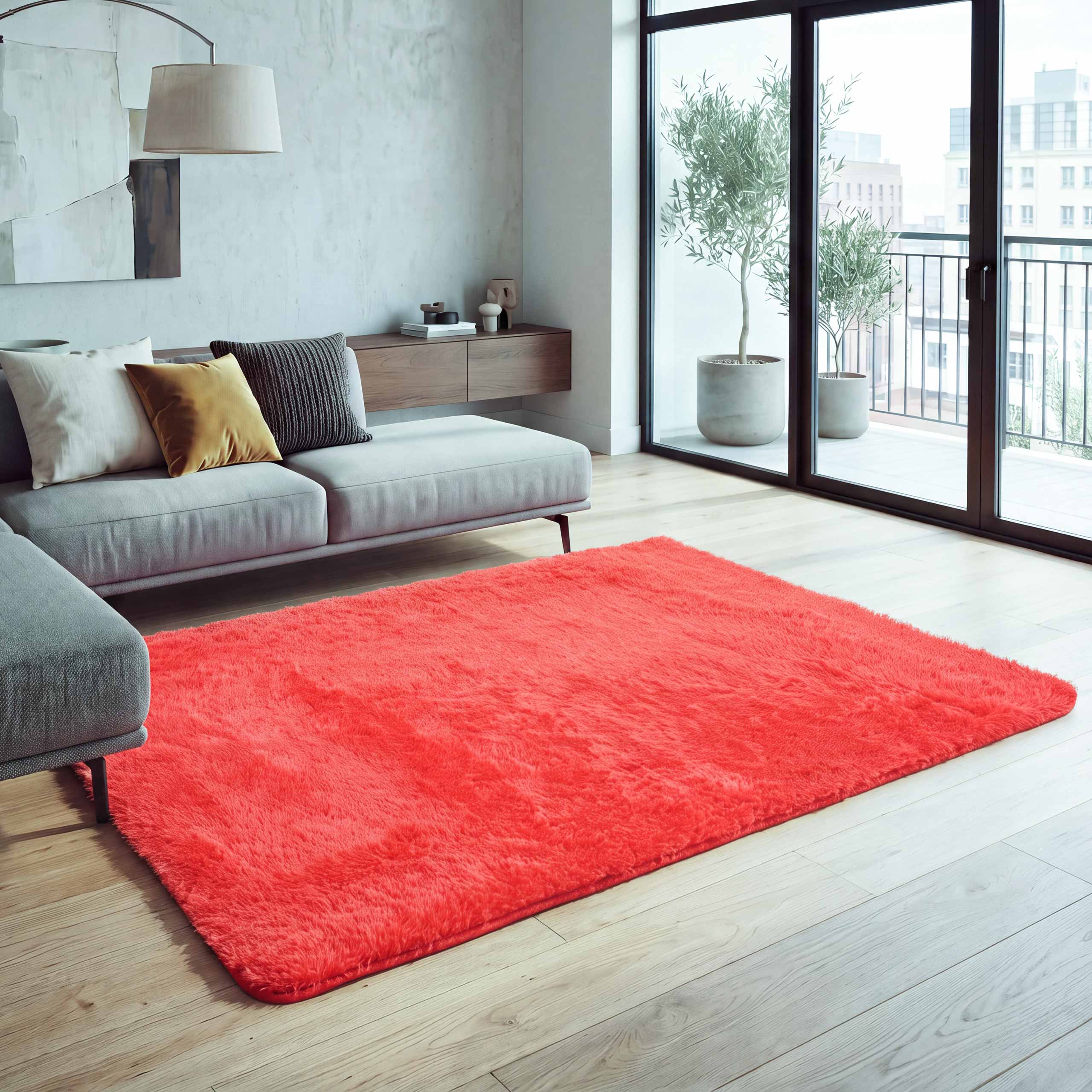 Teppich MCW-F69, Shaggy L&auml;ufer Hochflor Langflor, Stoff/Textil flauschig weich 160x120cm ~ rot - Bild 1