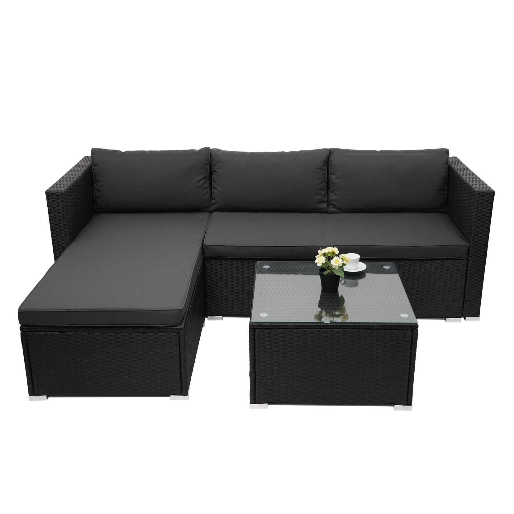 Poly-Rattan Garnitur MCW-F57, Balkon-/Garten-/Lounge-Set Sofa Sitzgruppe ~ schwarz, Kissen dunkelgrau ohne Deko-Kissen | 04057651320366