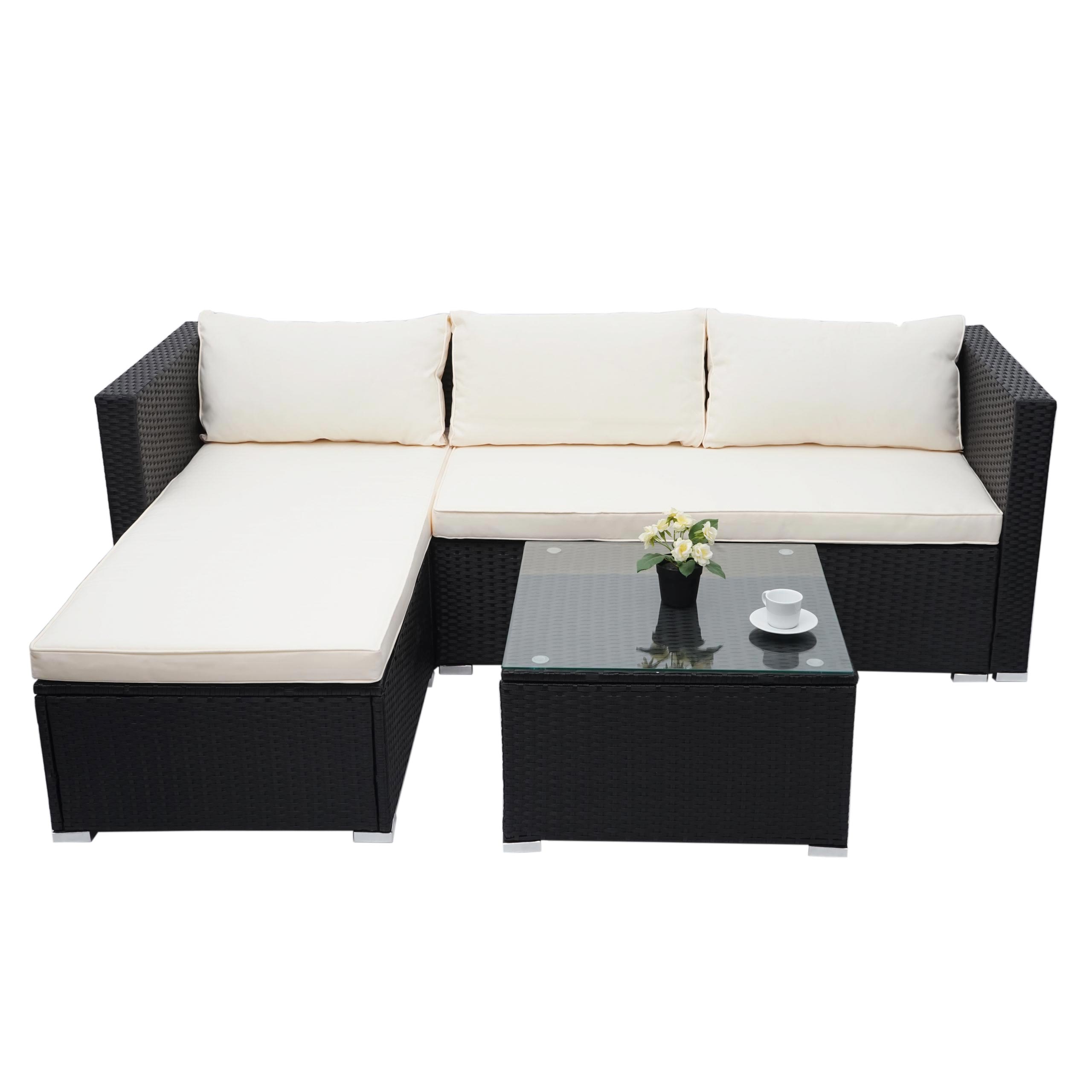 Poly-Rattan Garnitur MCW-F57, Balkon-/Garten-/Lounge-Set Sofa Sitzgruppe ~ schwarz, Kissen creme ohne Deko-Kissen - Bild 1