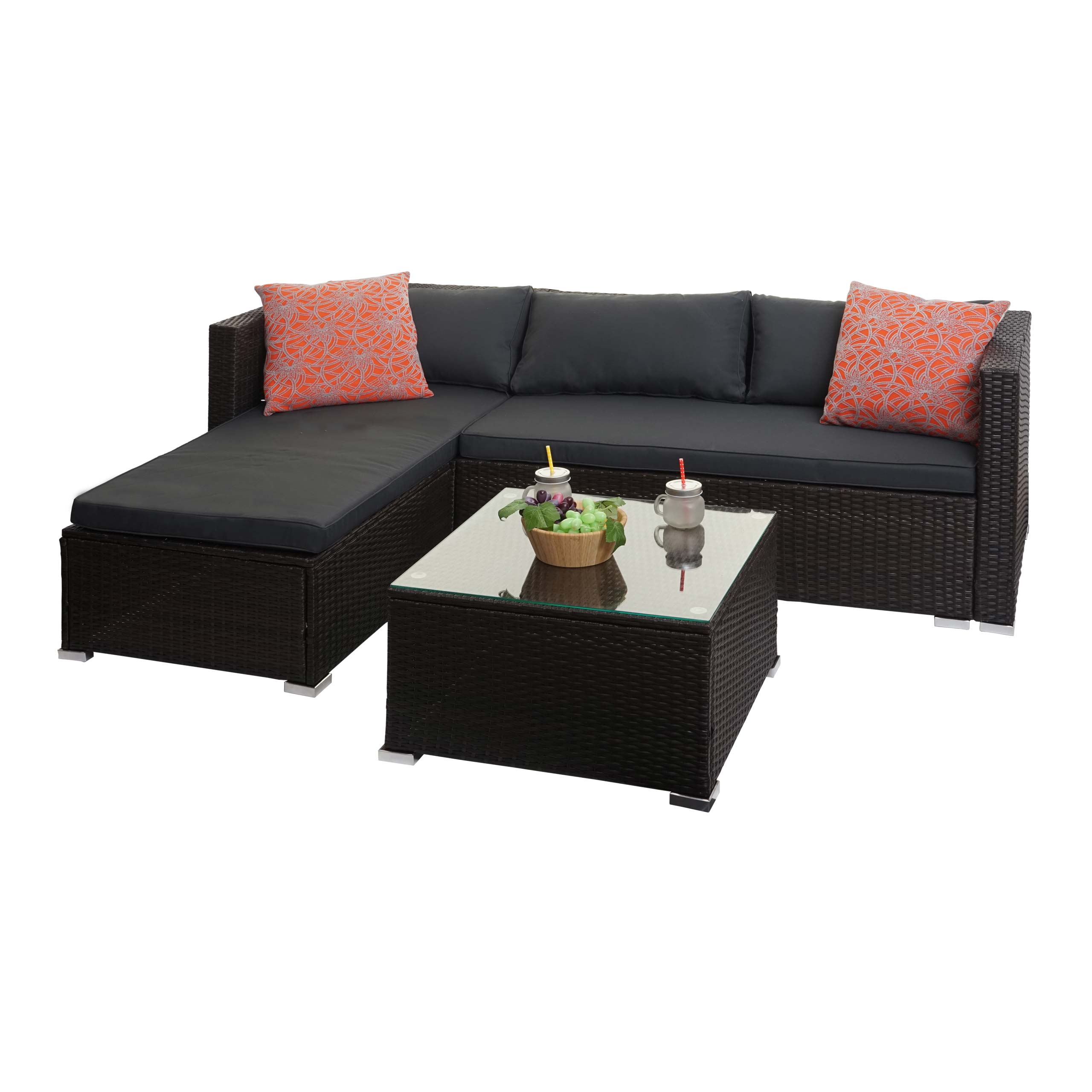 Poly-Rattan Garnitur MCW-F57, Balkon-/Garten-/Lounge-Set Sofa Sitzgruppe ~ braun, Kissen dunkelgrau mit Deko-Kissen - Bild 1