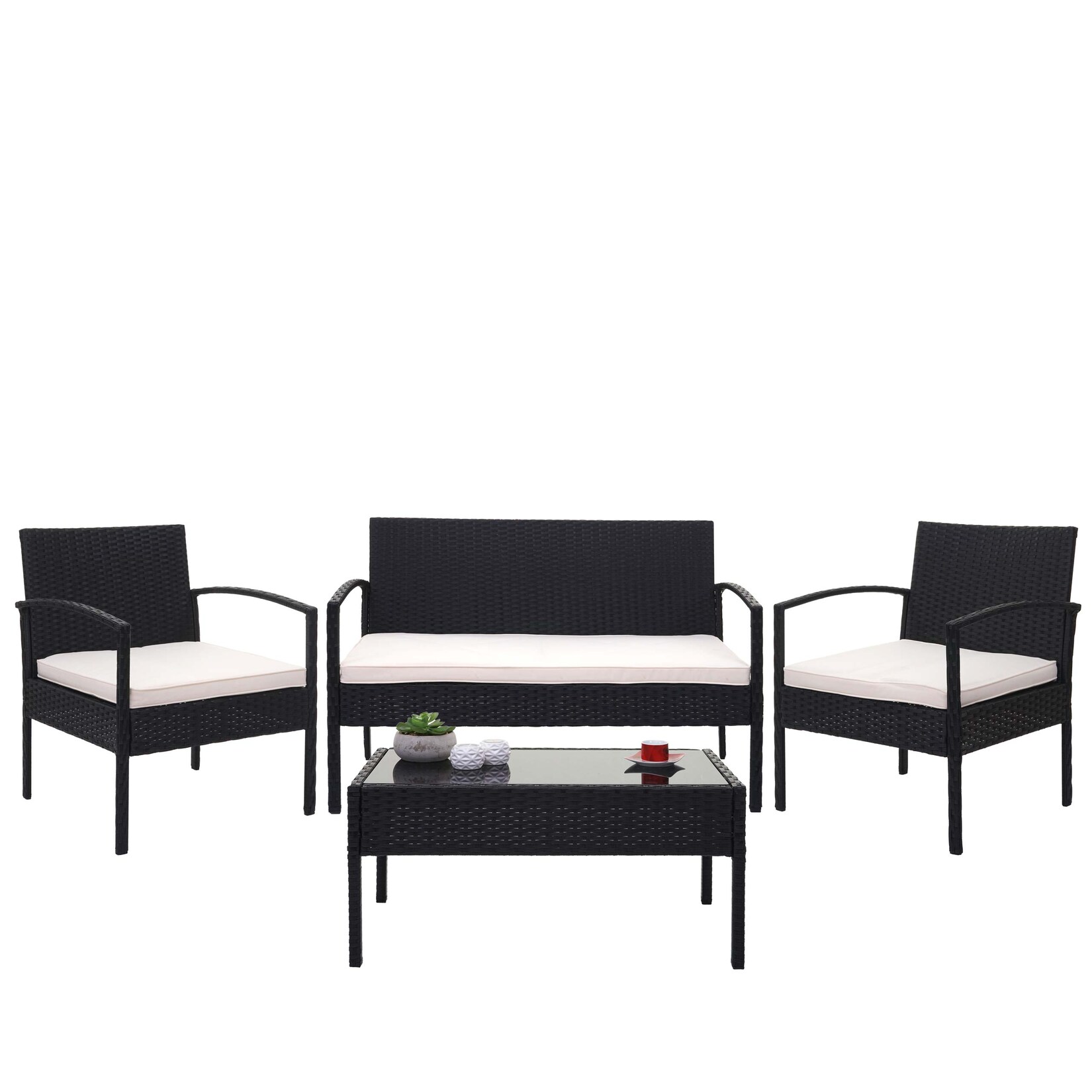 Poly-Rattan Garnitur MCW-F56, Balkon-/Garten-/Lounge-Set Sitzgruppe ~ schwarz, Kissen creme