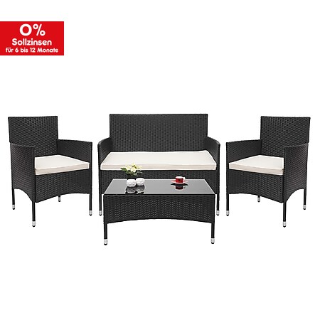 Poly-Rattan Garnitur MCW-F55, Balkon-/Garten-/Lounge-Set Sofa Sitzgruppe ~ schwarz, Kissen creme - Bild 1