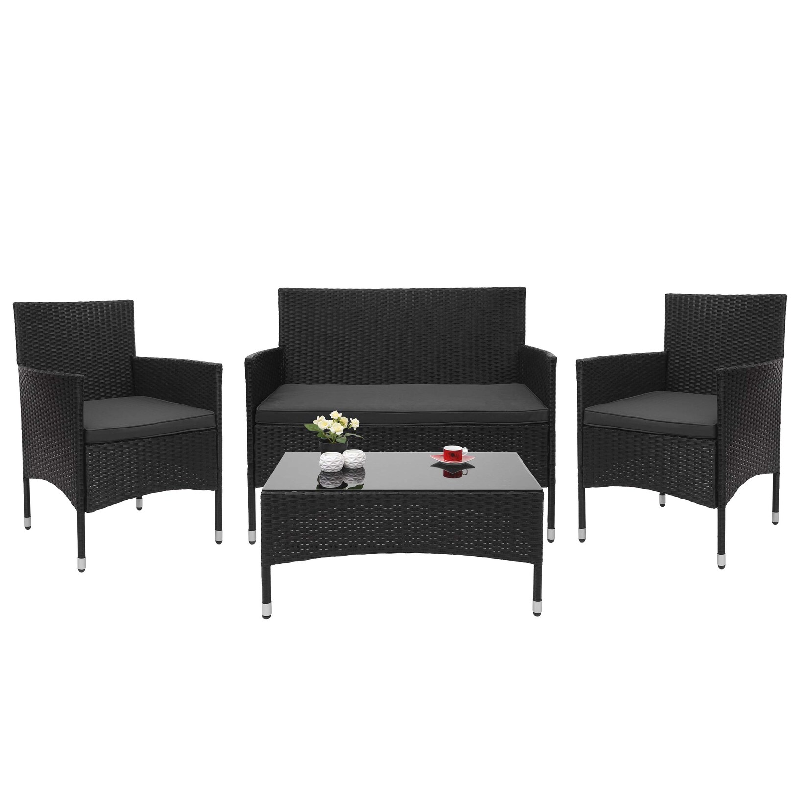 Poly-Rattan Garnitur MCW-F55, Balkon-/Garten-/Lounge-Set Sofa Sitzgruppe ~ schwarz, Kissen dunkelgrau | 04057651313443