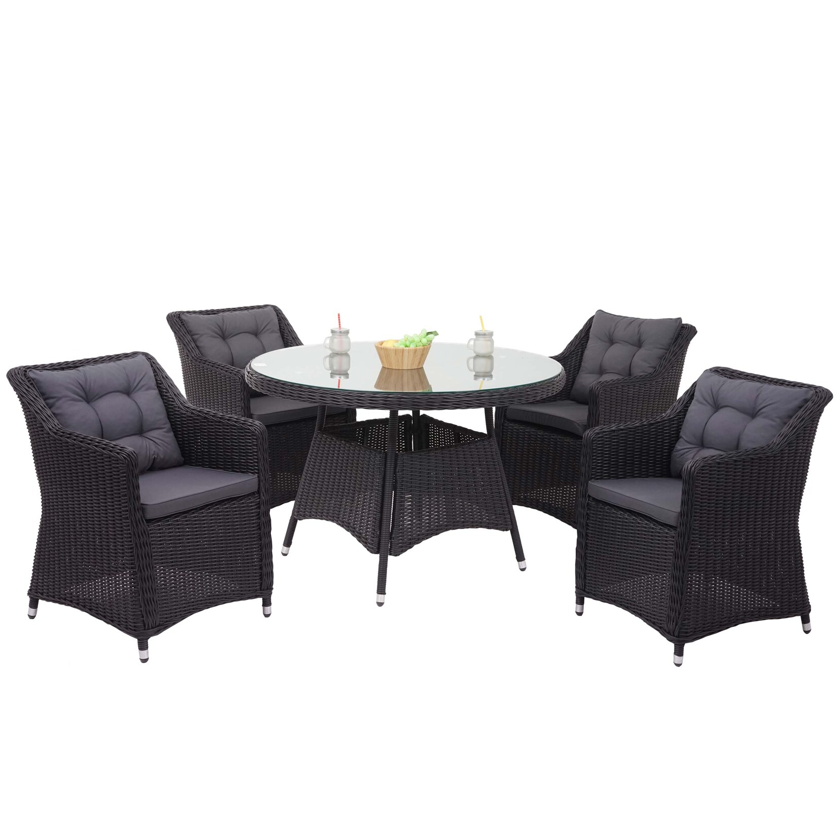 Poly-Rattan Garnitur MCW-F51, Garten-/Lounge-Set Sitzgruppe Tisch+4xStuhl, rundes Rattan anthrazit Kissen dunkelgrau | 04057651378107