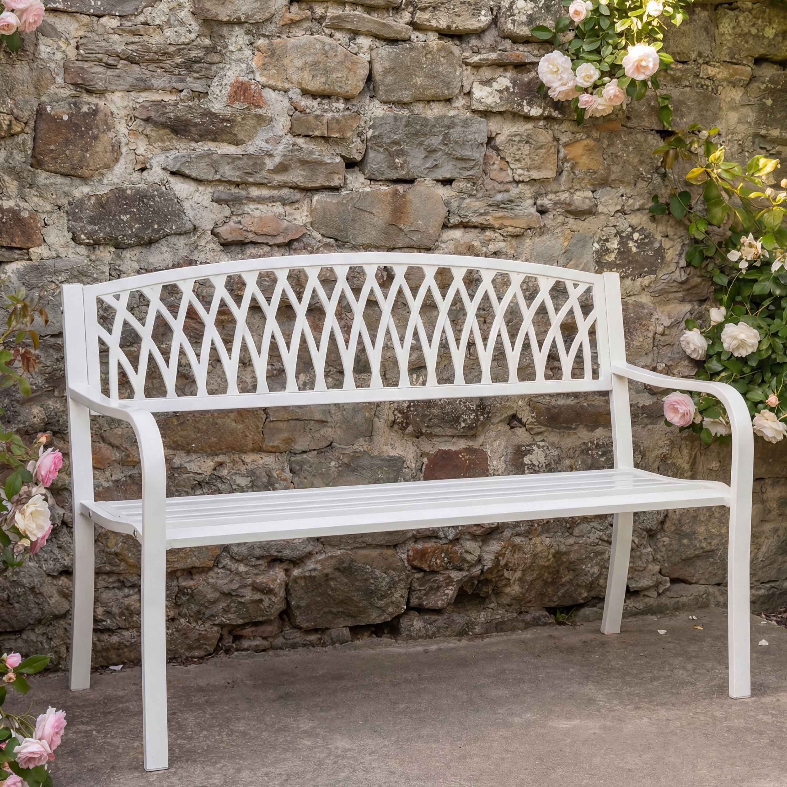 Gartenbank MCW-F45, Bank Parkbank Sitzbank, 2-Sitzer pulverbeschichteter Stahl ~ wei&szlig; - Bild 1