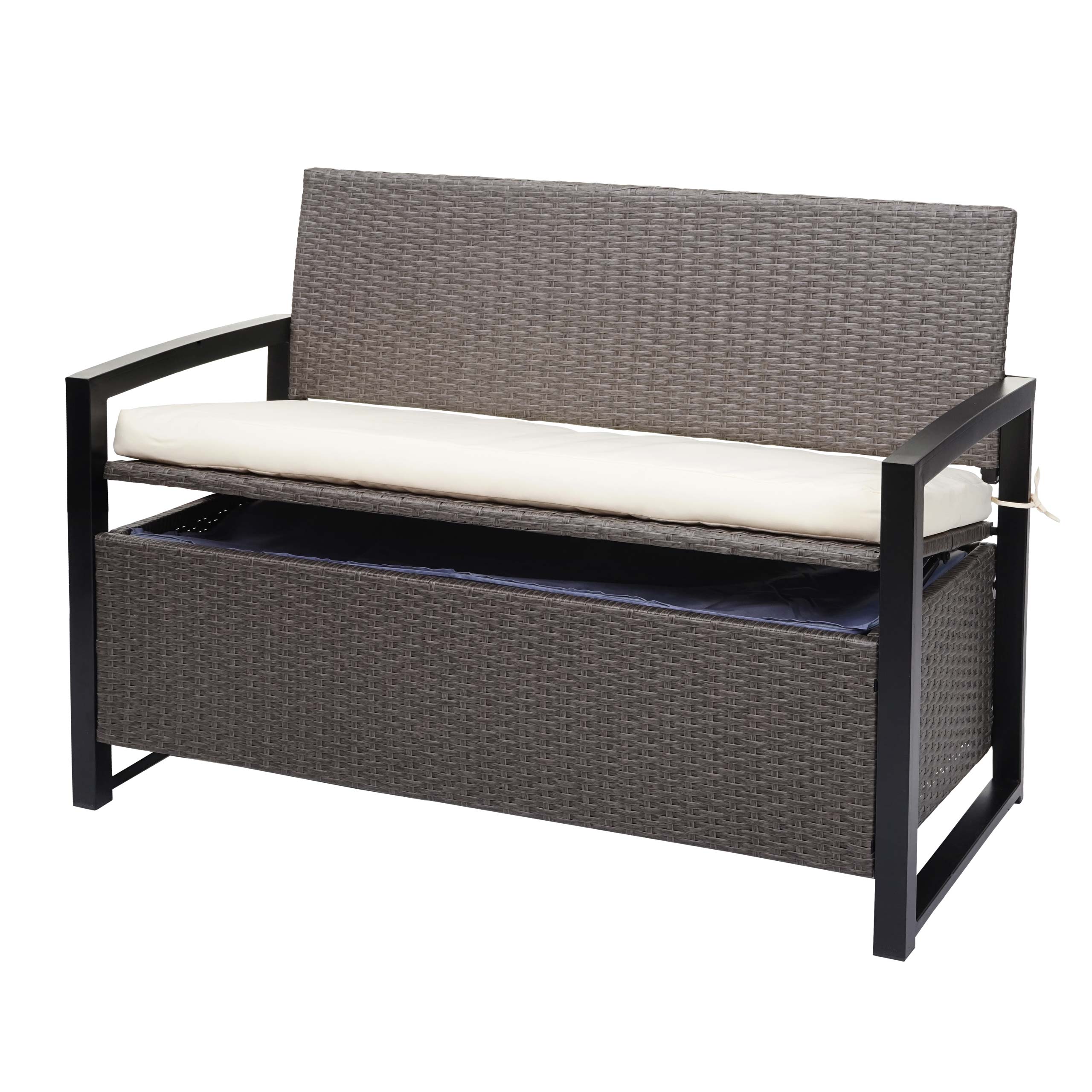 Poly-Rattan 2er Sitzbank MCW-F39, Gartenbank Truhenbank, Staufach Aufbewahrung Sitzkissen ~ grau-meliert, Kissen creme - Bild 1