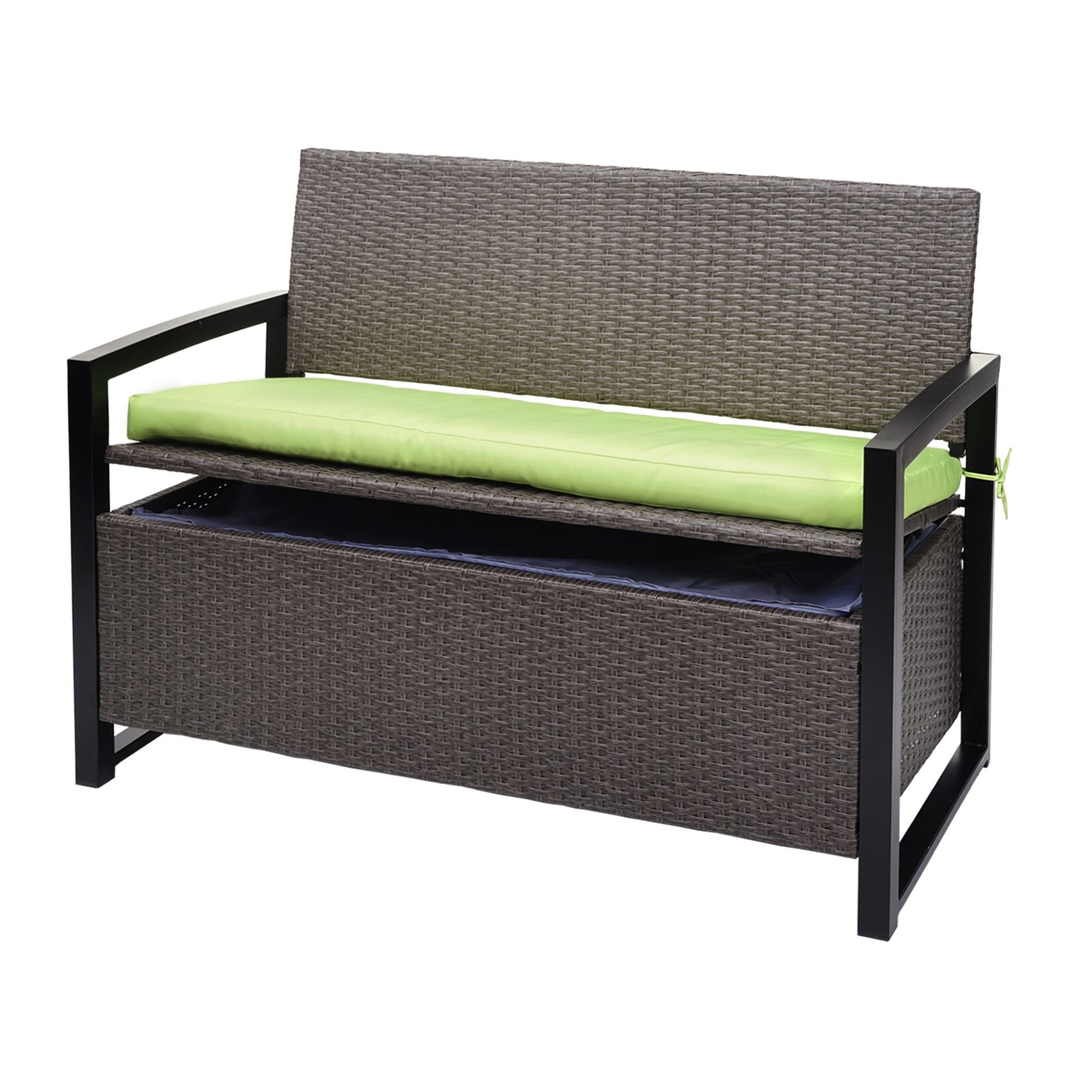 Poly-Rattan 2er Sitzbank MCW-F39, Gartenbank Truhenbank, Staufach Aufbewahrung Sitzkissen ~ grau-meliert, Kissen grün