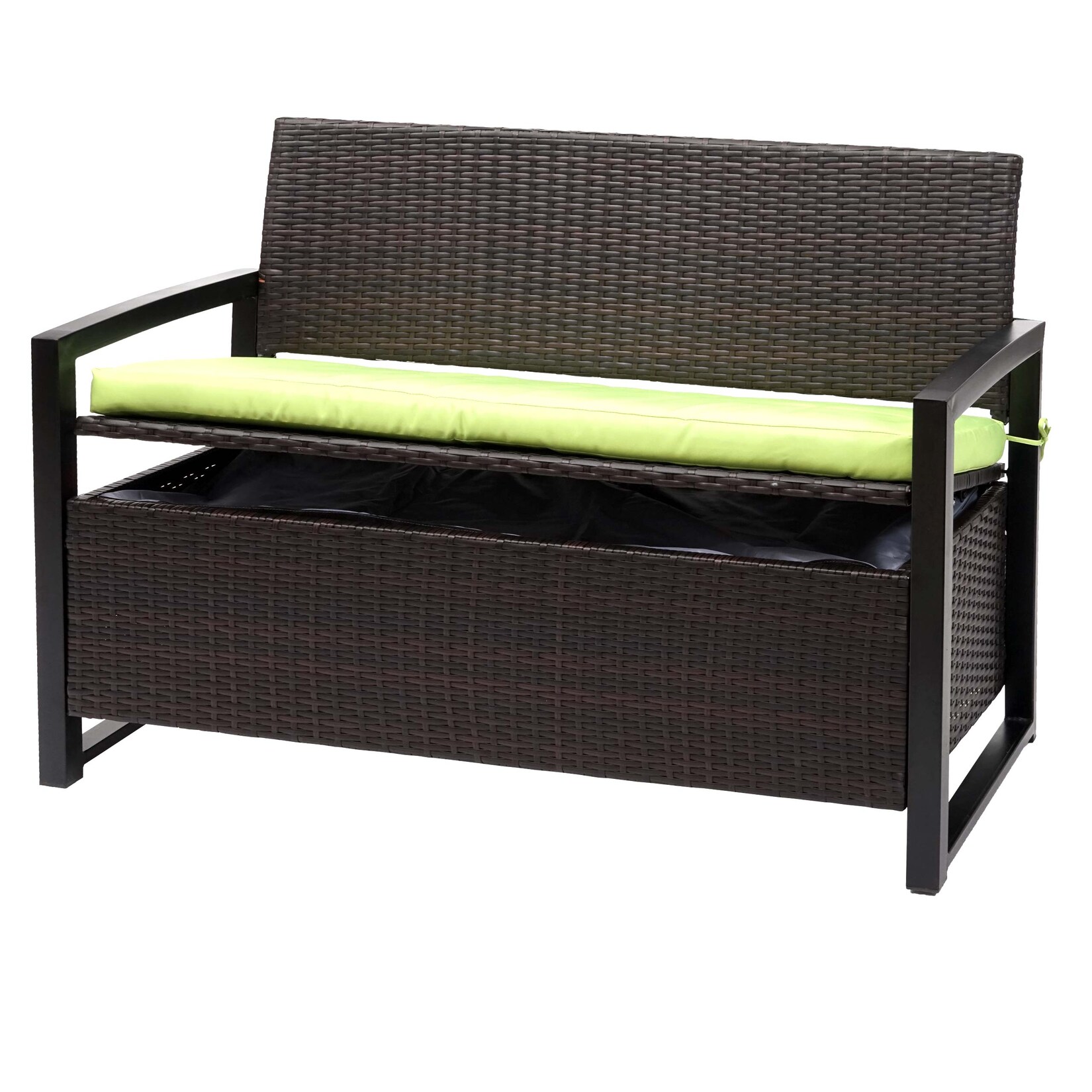 Poly-Rattan 2er Sitzbank MCW-F39, Gartenbank Truhenbank, Staufach Aufbewahrung Sitzkissen ~ braun, Kissen grün