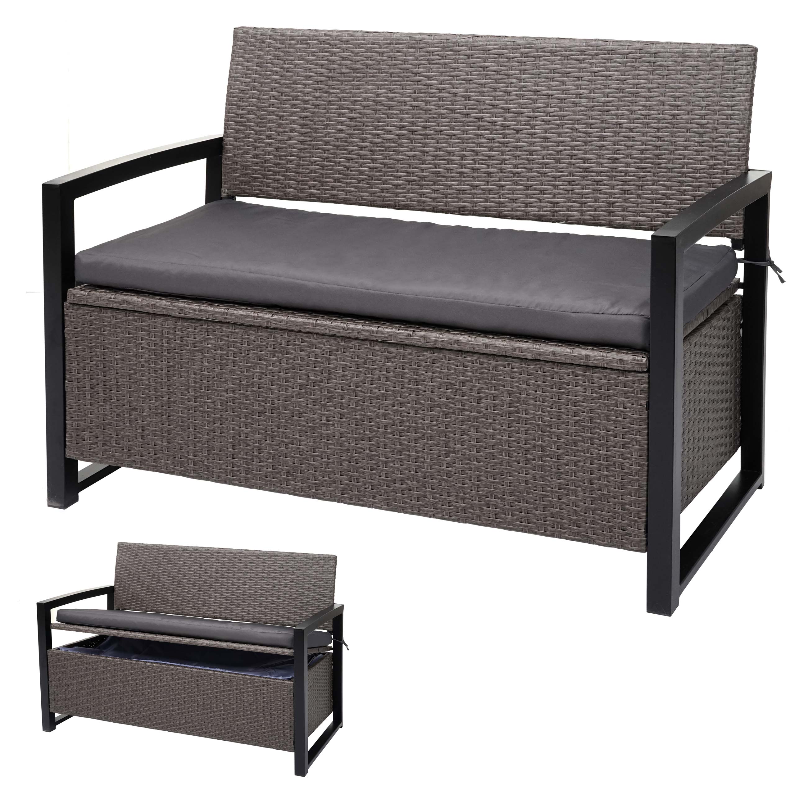 Poly-Rattan 2er Sitzbank MCW-F39, Gartenbank Truhenbank, Staufach Aufbewahrung Sitzkissen ~ grau-meliert, Kissen grau - Bild 1