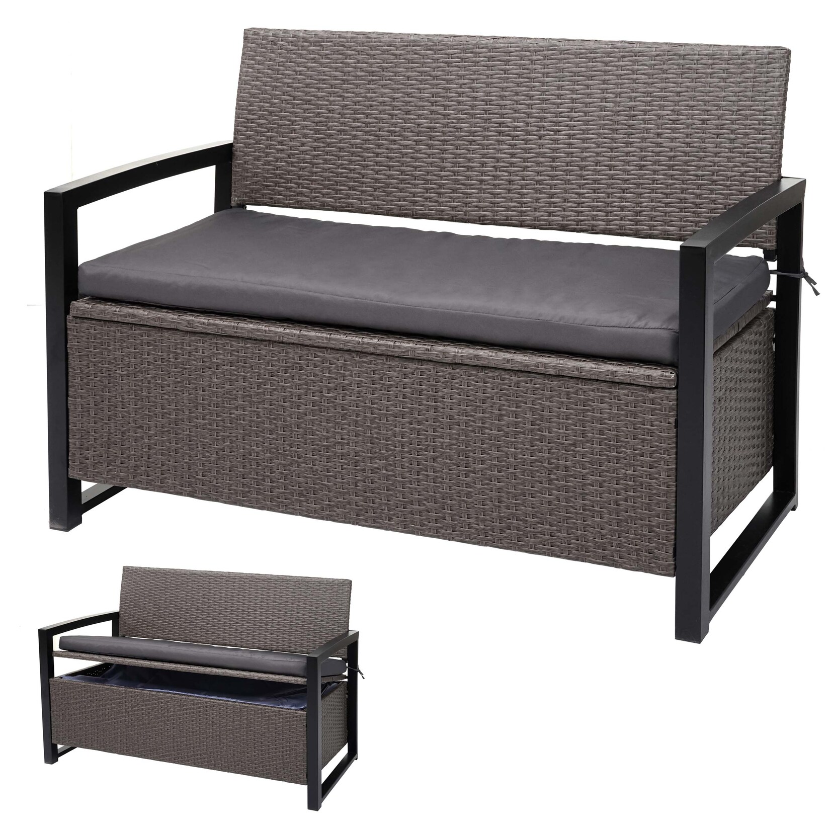 Poly-Rattan 2er Sitzbank MCW-F39, Gartenbank Truhenbank, Staufach Aufbewahrung Sitzkissen ~ grau-meliert, Kissen grau