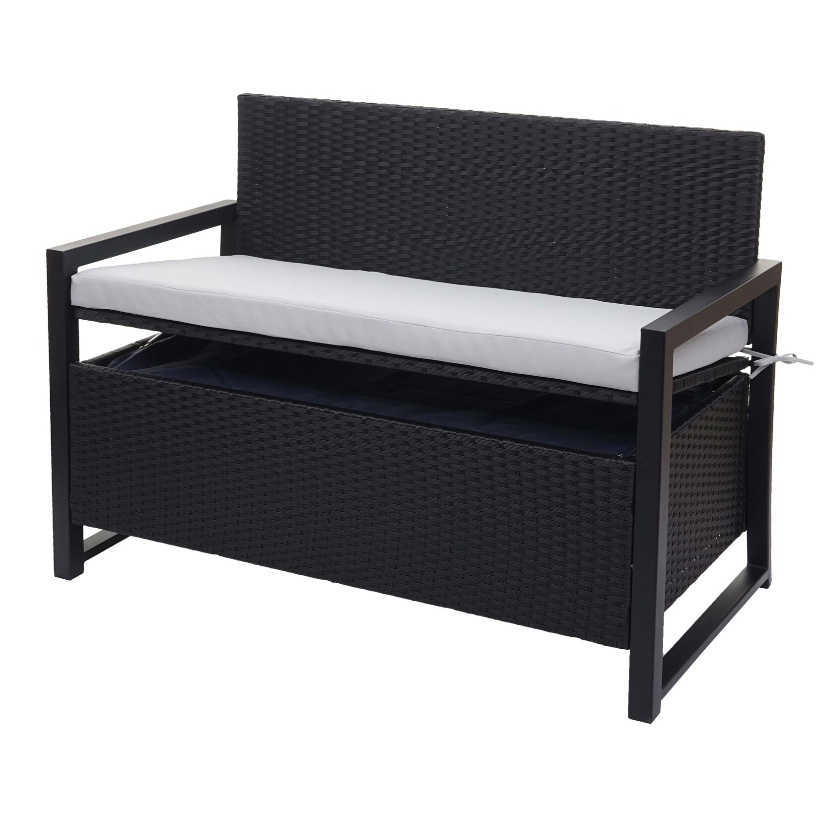 Poly-Rattan 2er Sitzbank MCW-F39, Gartenbank Truhenbank, Staufach Aufbewahrung Sitzkissen ~ anthrazit, Kissen grau