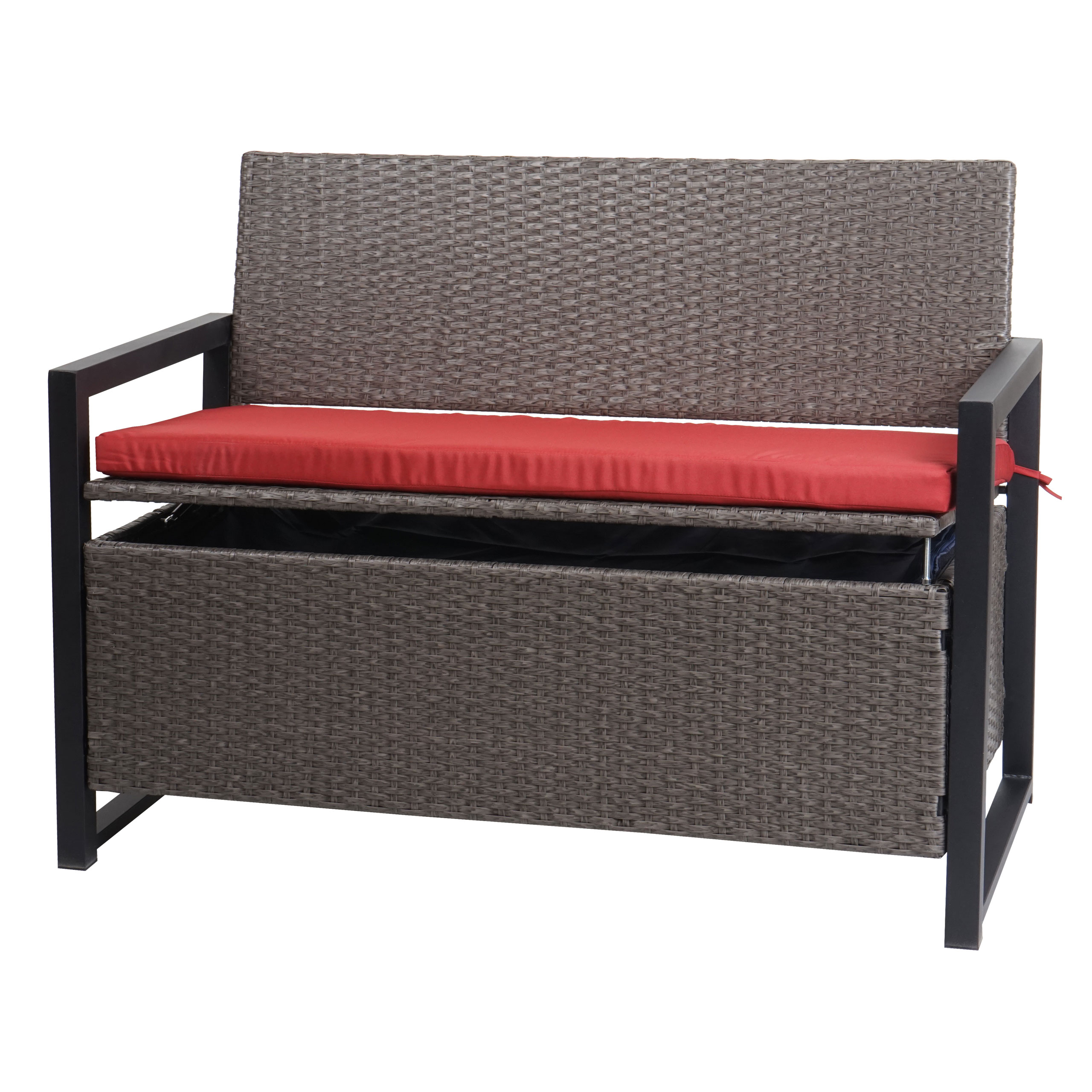 Poly-Rattan 2er Sitzbank MCW-F39, Gartenbank Truhenbank, Staufach Aufbewahrung Sitzkissen ~ grau-meliert, Kissen rot - Bild 1