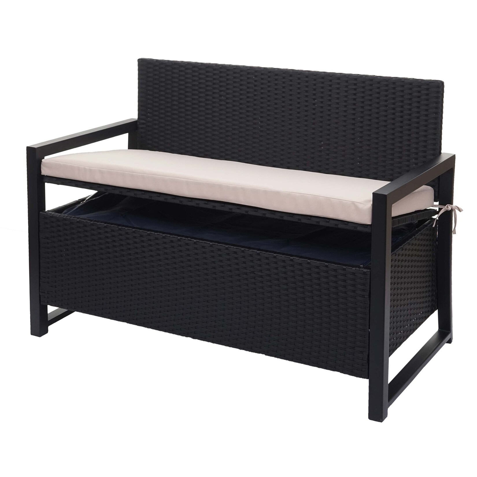 Poly-Rattan 2er Sitzbank MCW-F39, Gartenbank Truhenbank, Staufach Aufbewahrung Sitzkissen ~ anthrazit, Kissen beige
