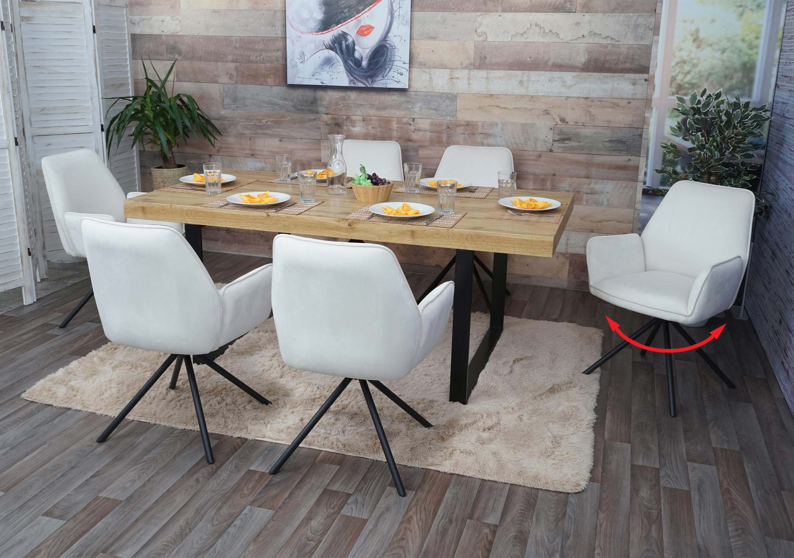 6er-Set Esszimmerstuhl MCW-G67, K&uuml;chenstuhl Armlehne, drehbar Auto-Position, Samt MVG ~ creme-beige, Beine schwarz - Bild 1