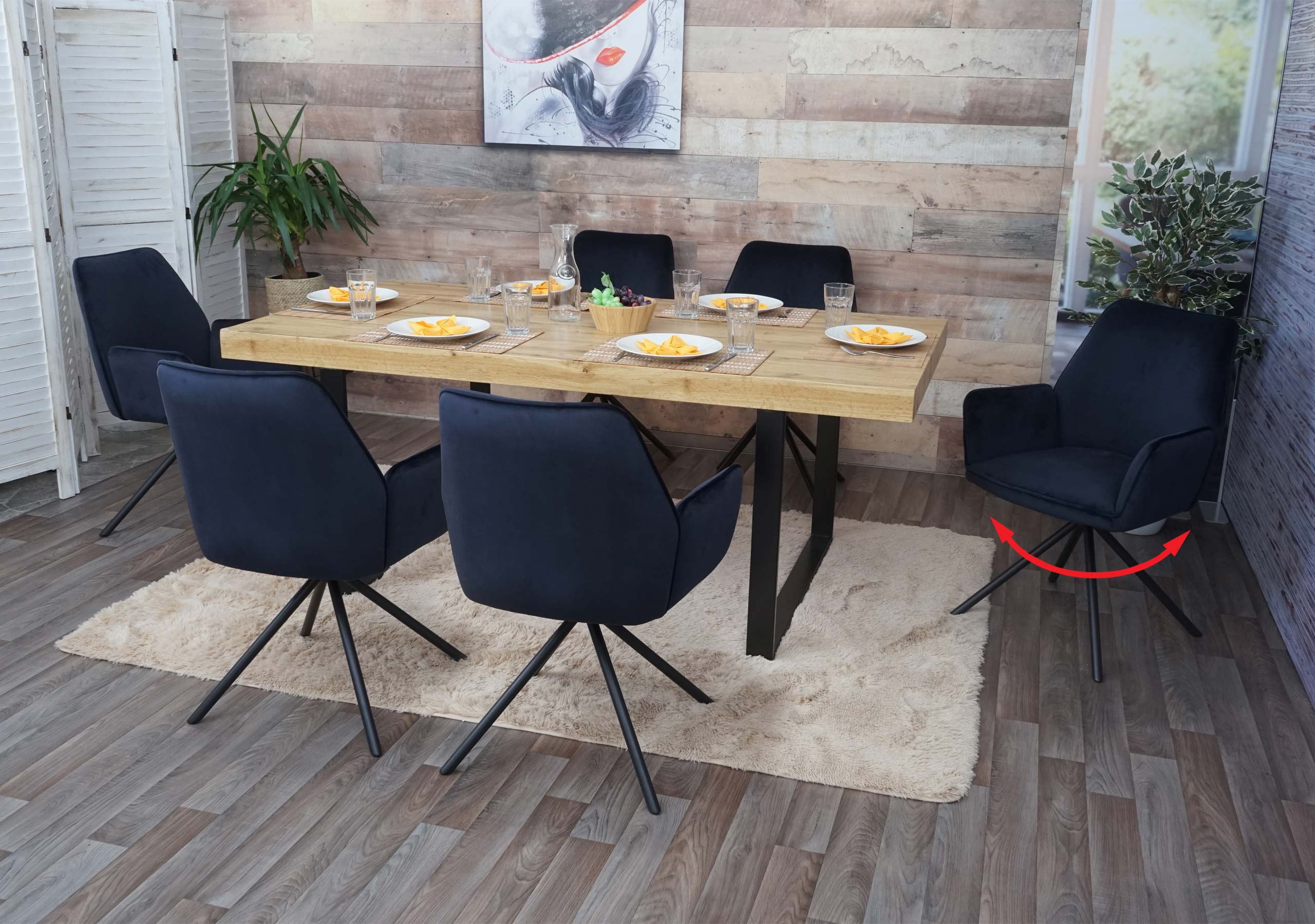 6er-Set Esszimmerstuhl MCW-G67, K&uuml;chenstuhl Armlehne, drehbar Auto-Position, Samt MVG ~ anthrazit-blau, Beine schwarz - Bild 1