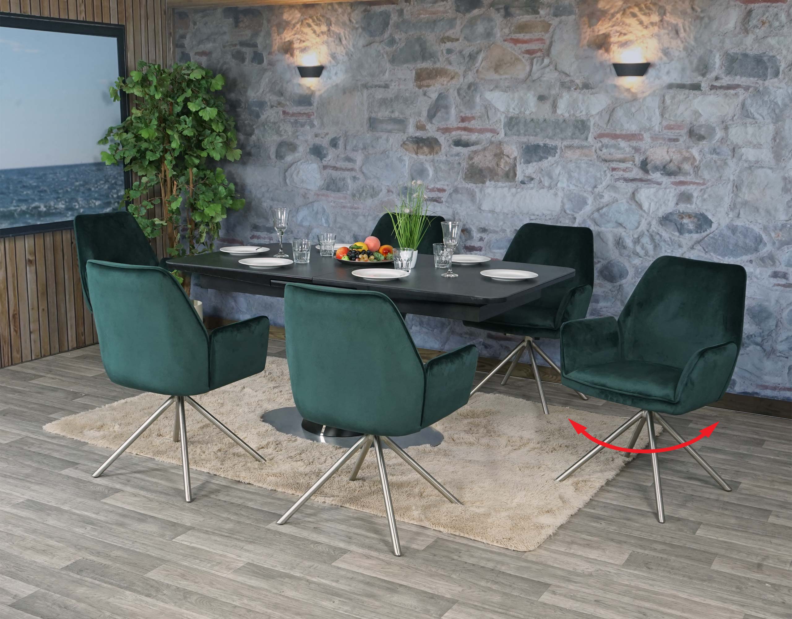 6er-Set Esszimmerstuhl MCW-G67, K&uuml;chenstuhl Armlehne, drehbar Auto-Position, Samt MVG ~ gr&uuml;n, Edelstahl - Bild 1