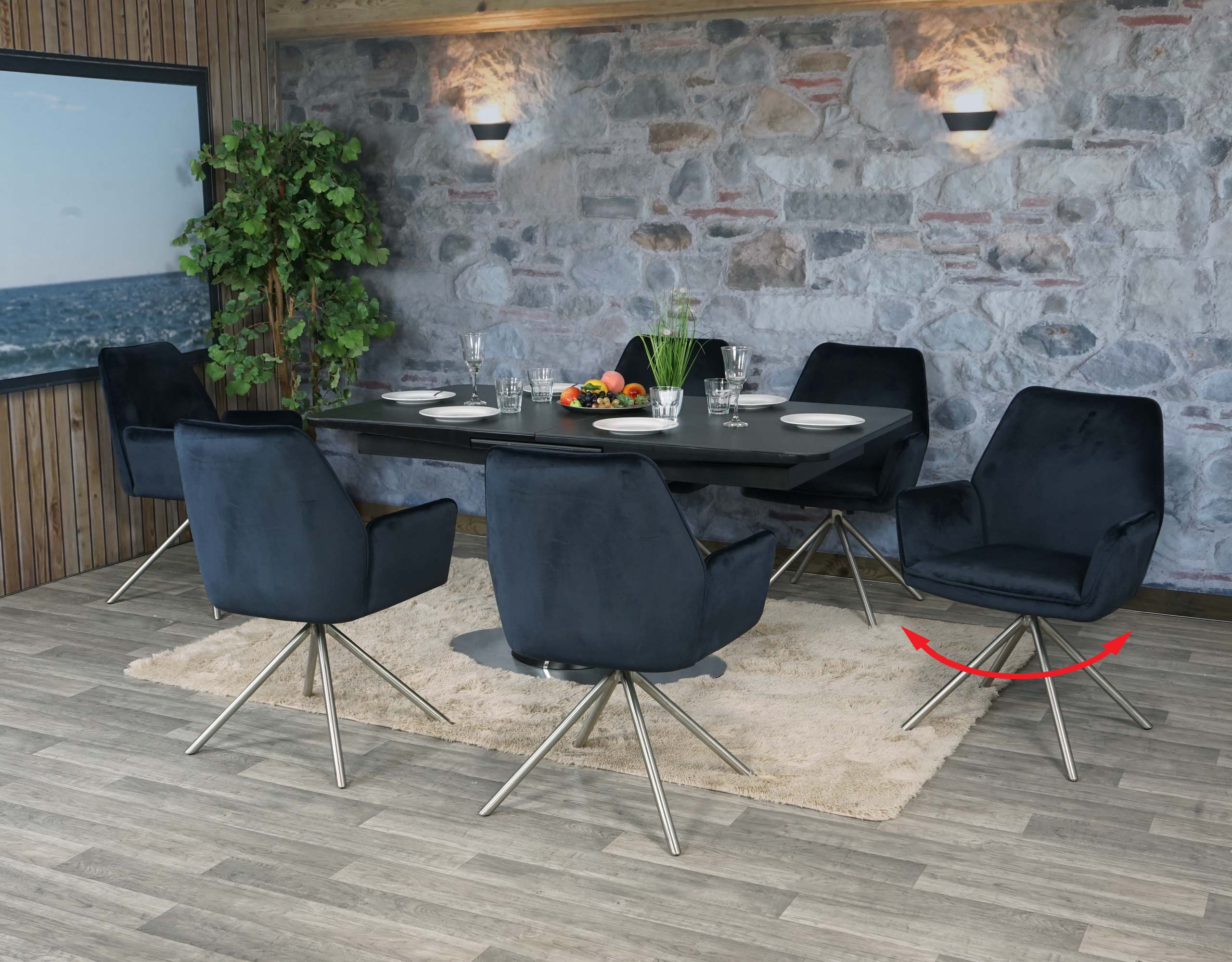 6er-Set Esszimmerstuhl MCW-G67, K&uuml;chenstuhl Armlehne, drehbar Auto-Position, Samt MVG ~ anthrazit-blau, Edelstahl - Bild 1