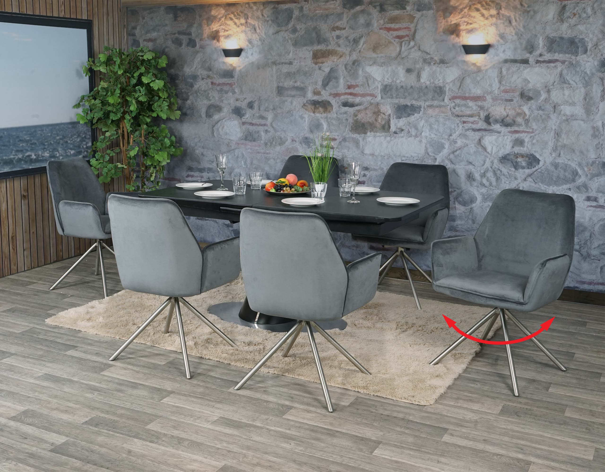 6er-Set Esszimmerstuhl MCW-G67, K&uuml;chenstuhl Armlehne, drehbar Auto-Position, Samt MVG ~ dunkelgrau, Edelstahl - Bild 1