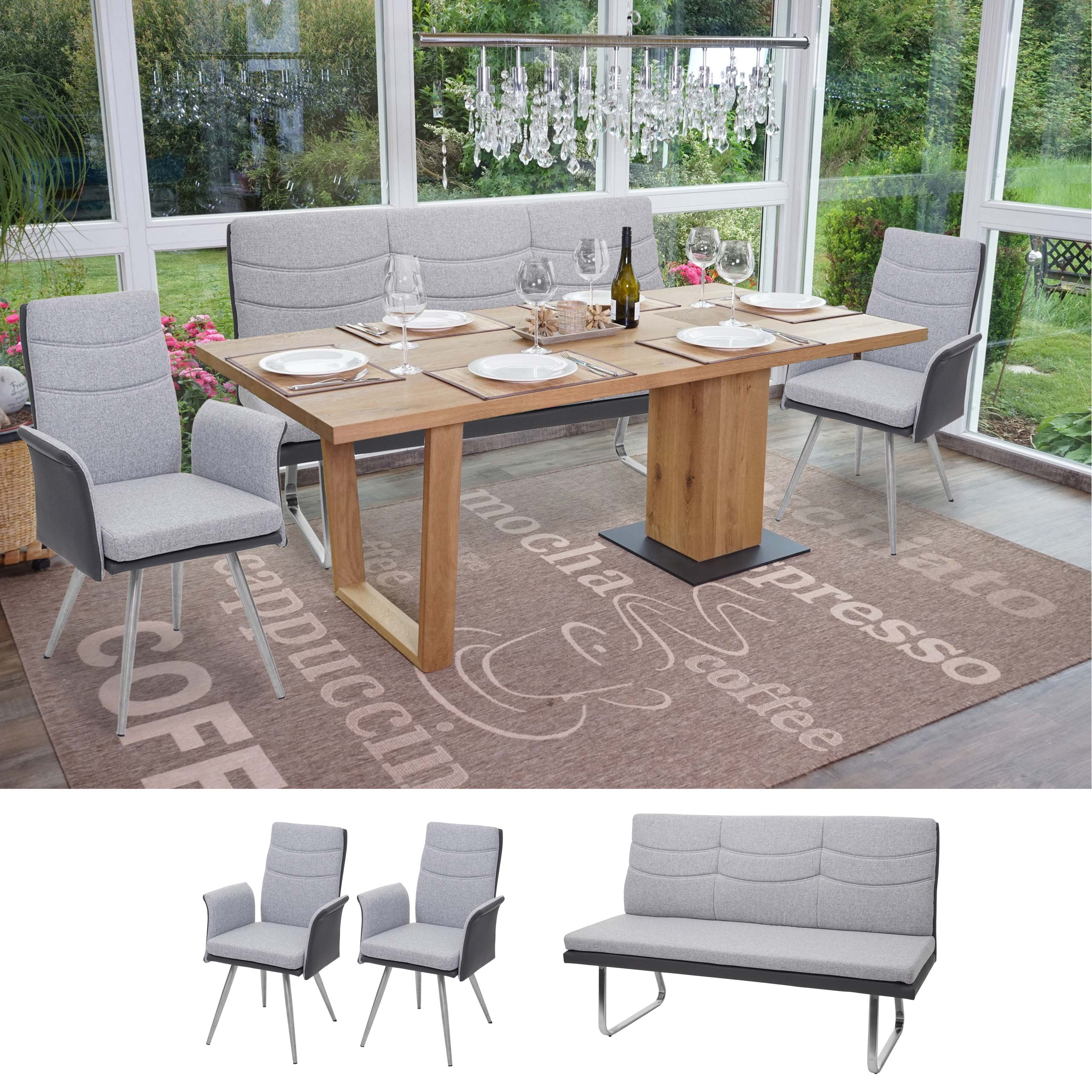 Set 2x Esszimmerstuhl+Sitzbank MCW-G54, Bank K&uuml;chenstuhl mit Armlehne, Stoff/Kunstleder Edelstahl ~ grau Bank 180cm - Bild 1